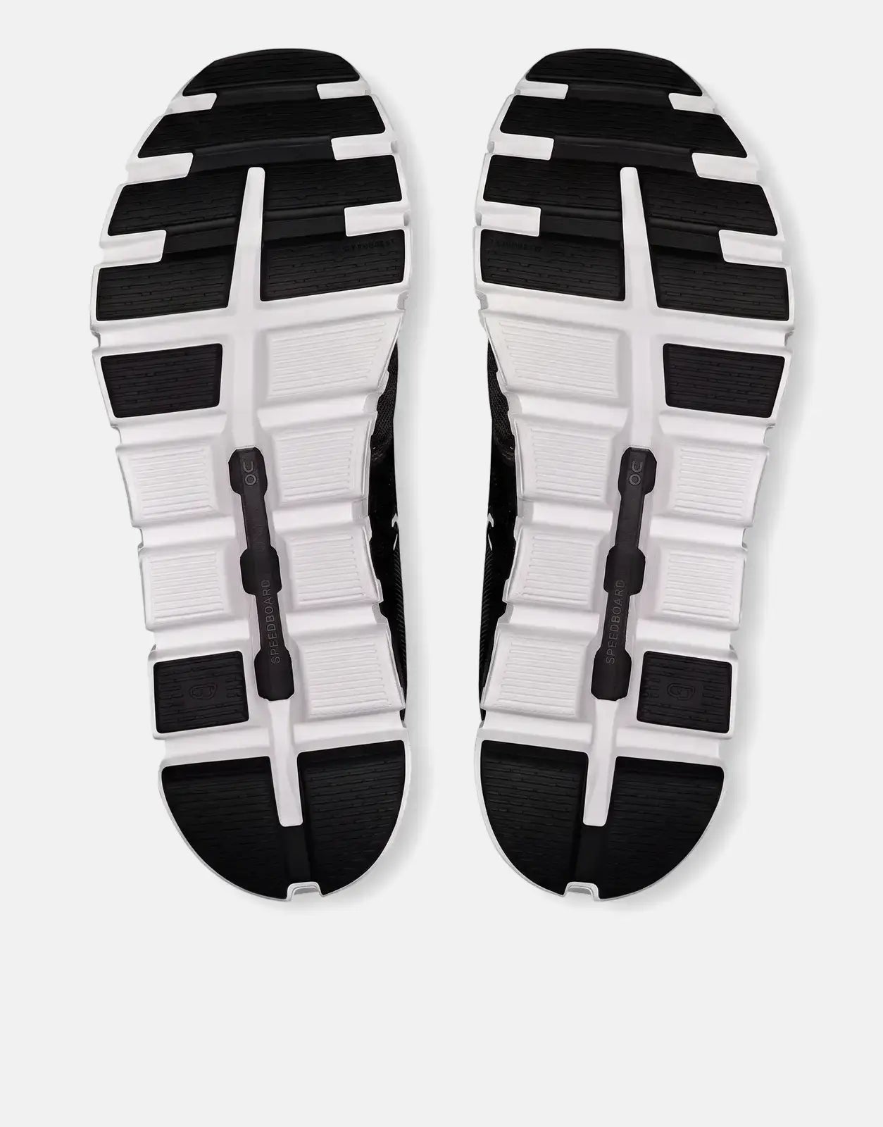Soles of two On Men's Cloud 6 Black White Sneakers, featuring segmented CloudTec soles and branding.