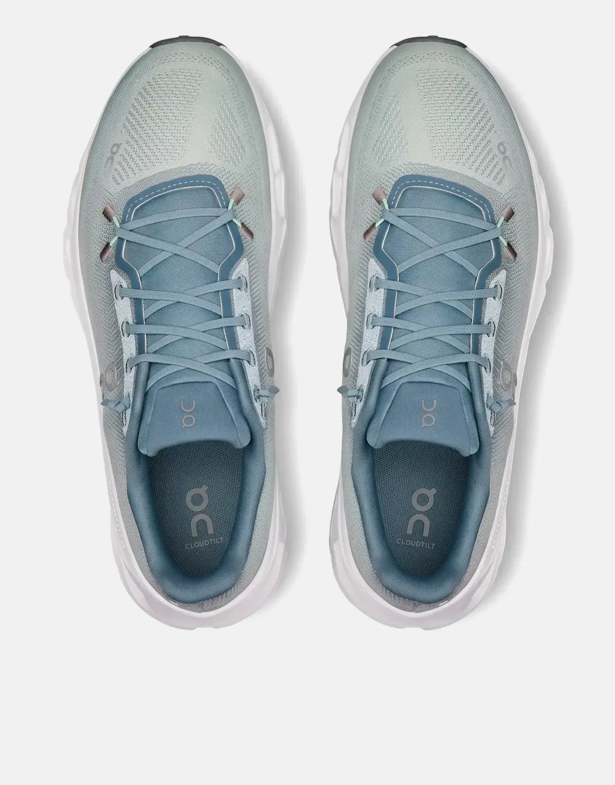 On Men's Cloudtilt Tide Mineral running shoes in light blue and teal, presented from a top-down view.