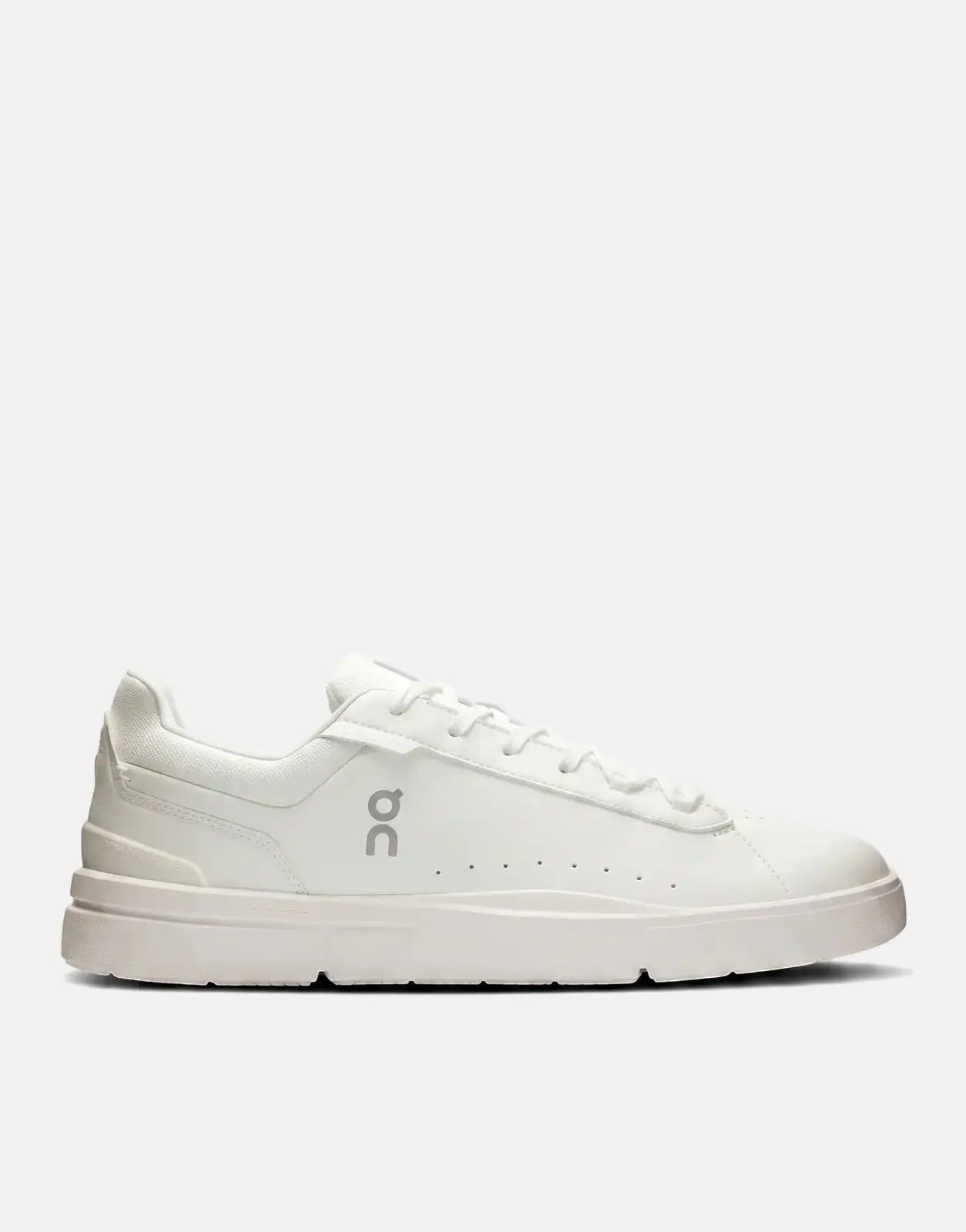 On Men's Roger Advantage white leather low-top sneaker with white laces and a gray 'oC' logo on the side, shown in a clear