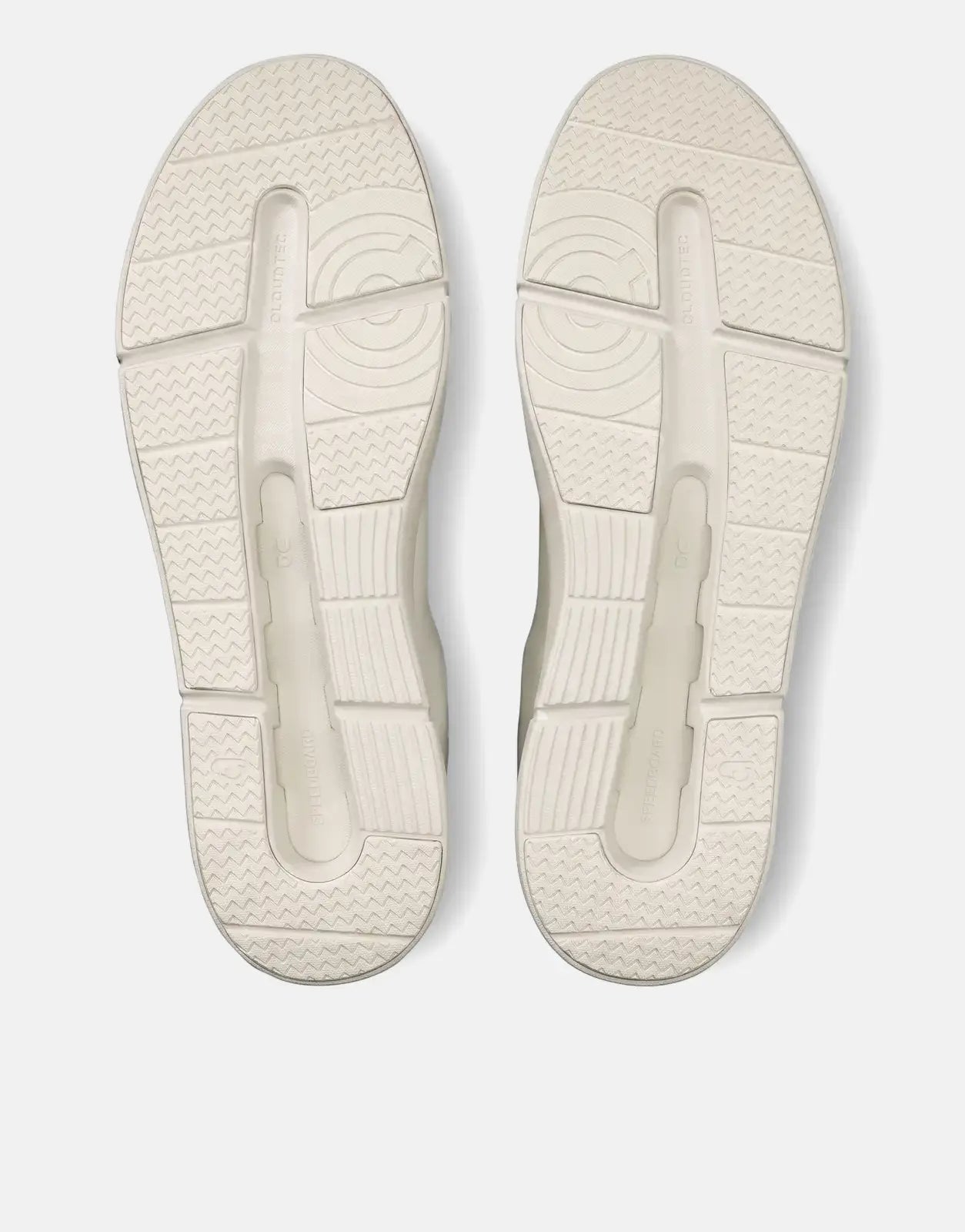 Overhead view of two On Men's Roger Advantage White Sneakers, showcasing their textured soles.