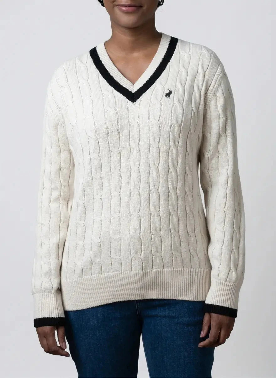 Polo Jane LS V-Neck Off-White Cable Knitwear - Subwear