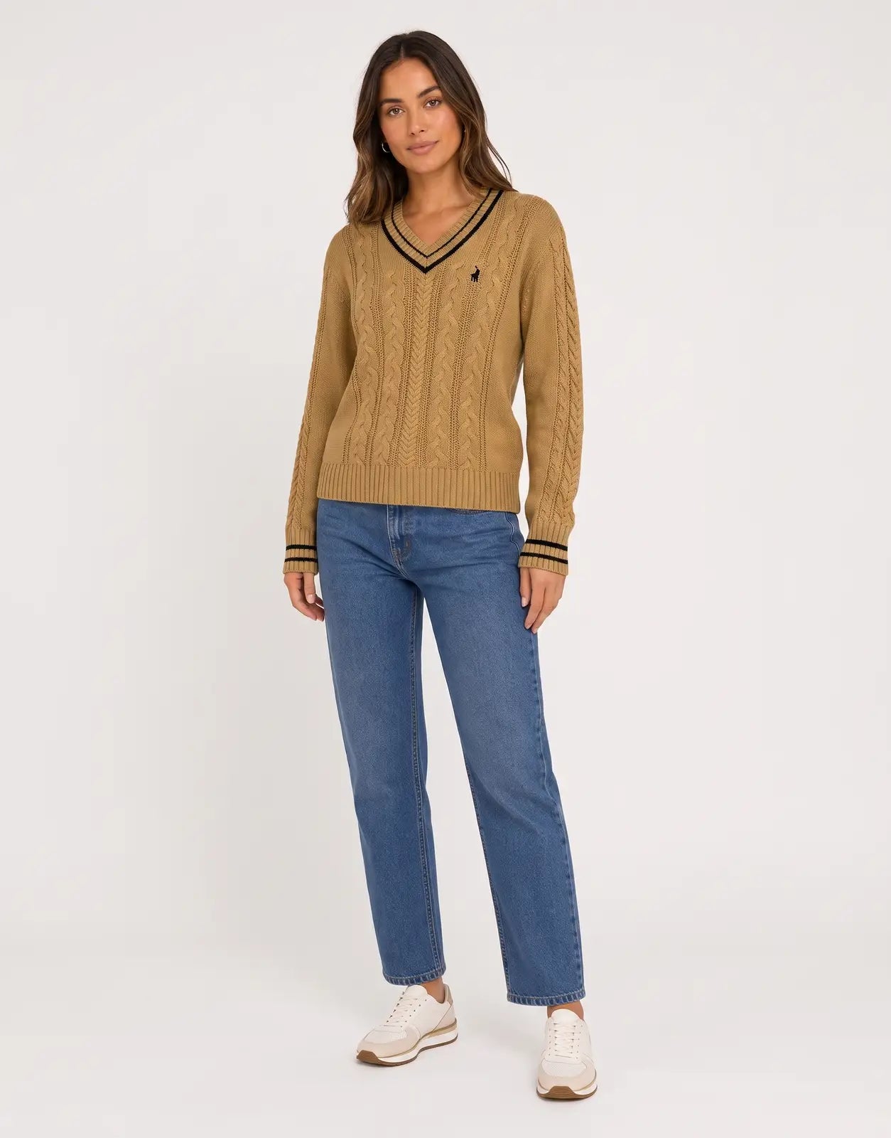 Polo Jane LS V-Neck Camel Cable Knitwear for women, featuring a classic cable knit pattern, striped V-neck, and long sleeves.