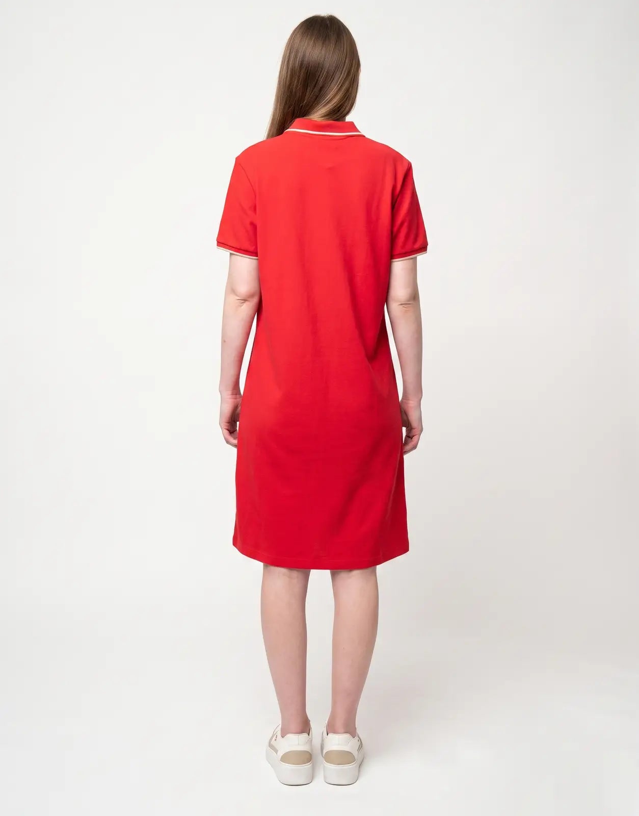 Polo Leah Red Golfer Dress for women, featuring a polo collar and short sleeves, presented in a back view.