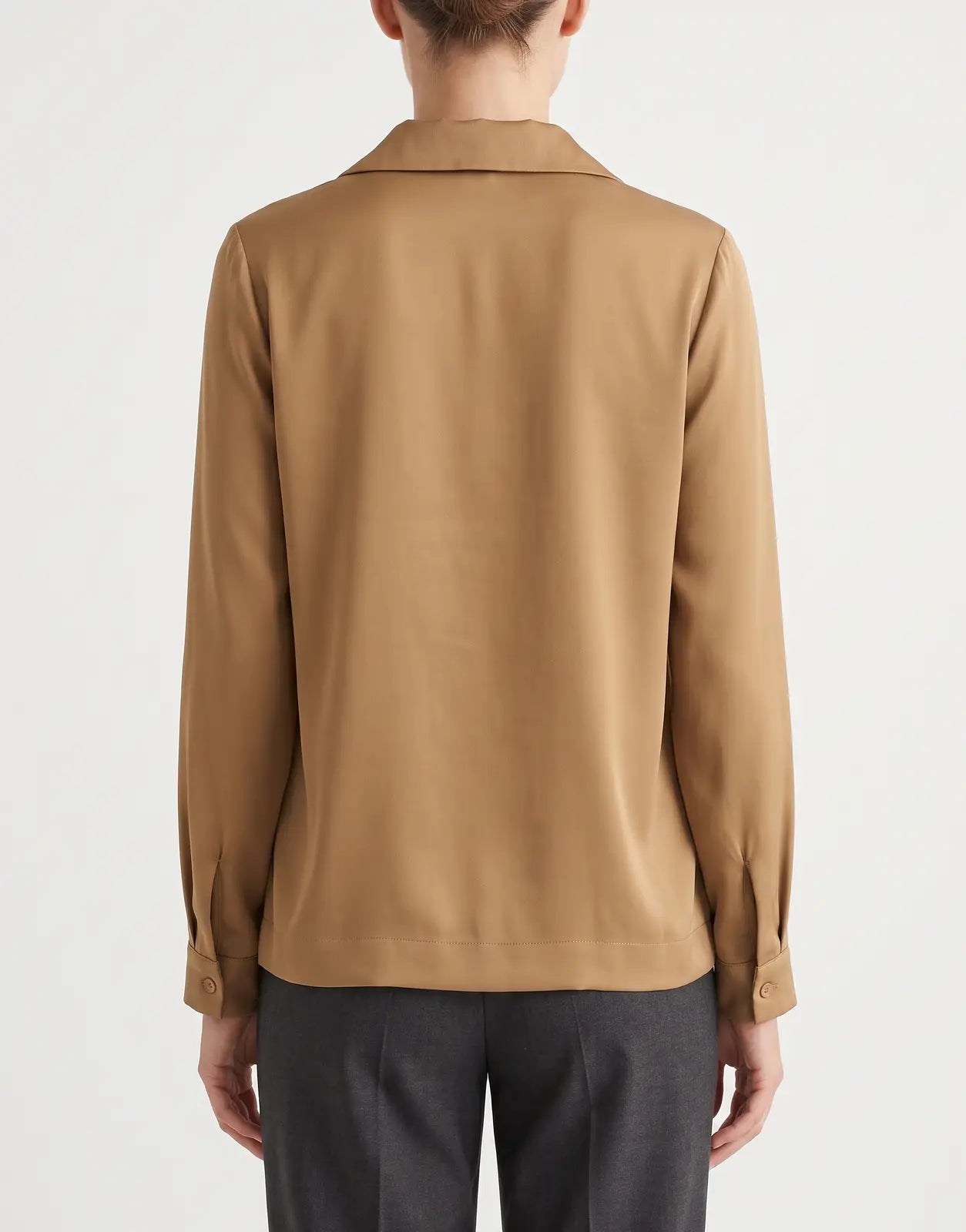 Polo Molly LS Revere Camel Blouse in camel color with long sleeves and relaxed fit, back view shown.