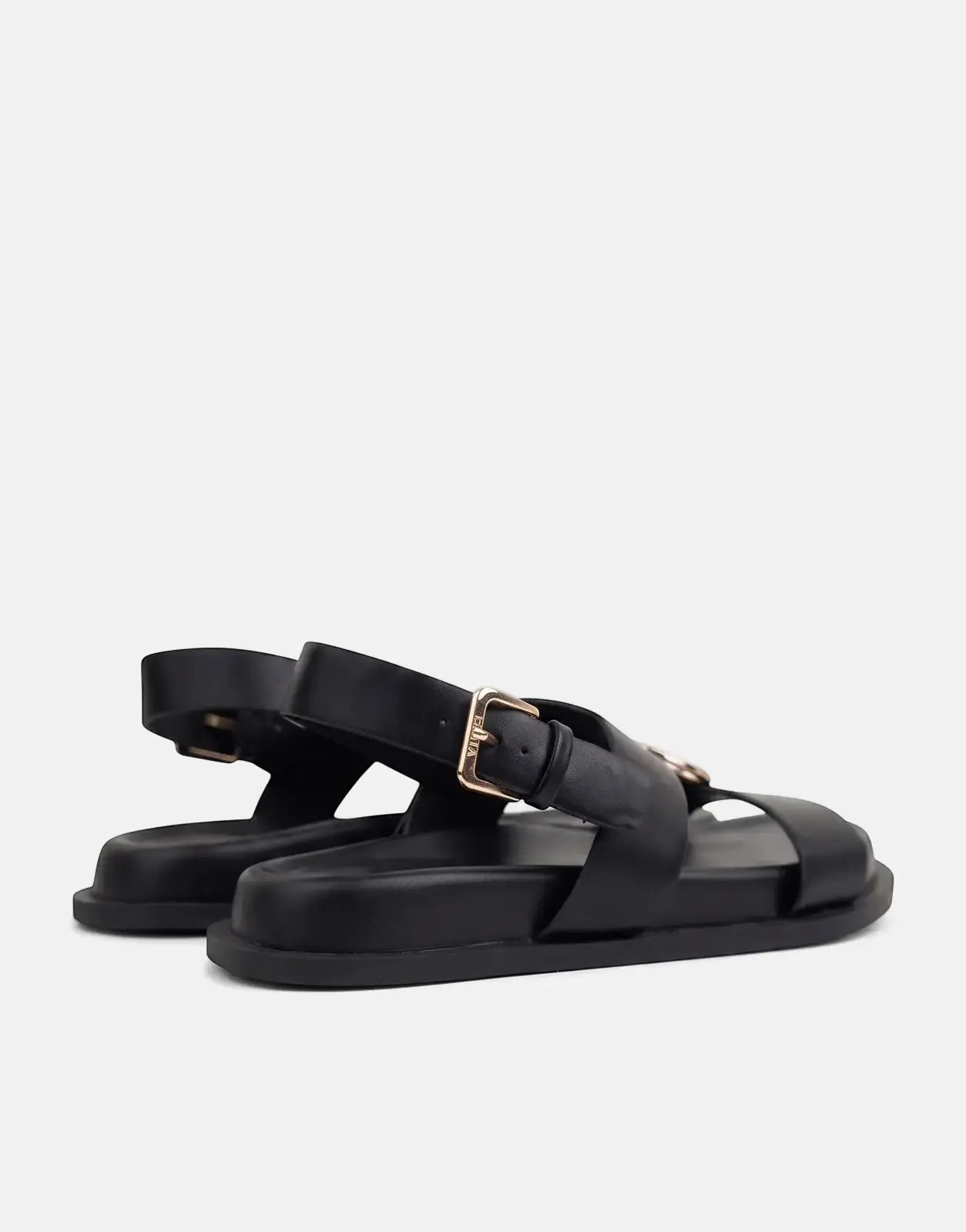 A pair of black Polo moulded new trim sandals, featuring broad straps, gold buckles with 'VILA' branding, and a chunky sole.