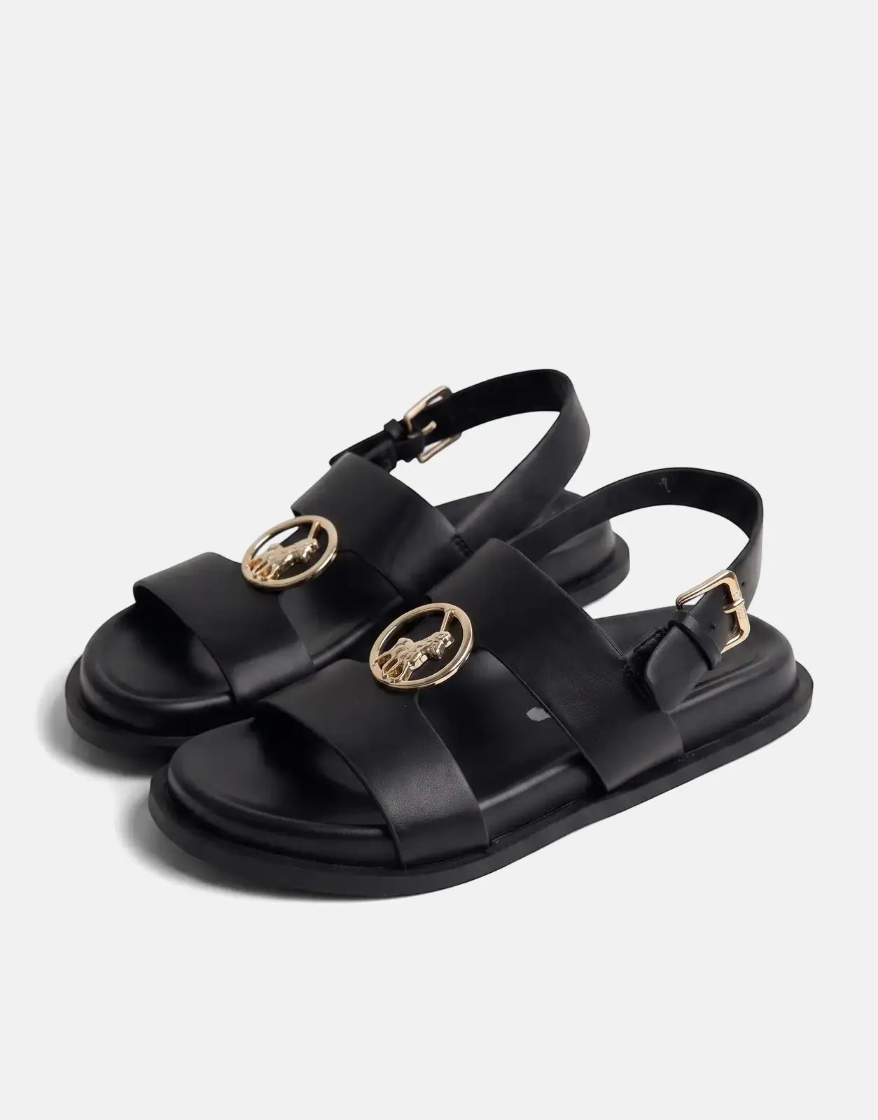 Polo Moulded New Trim Black Sandals, seen from a slightly elevated view, featuring gold-tone buckles and polo player