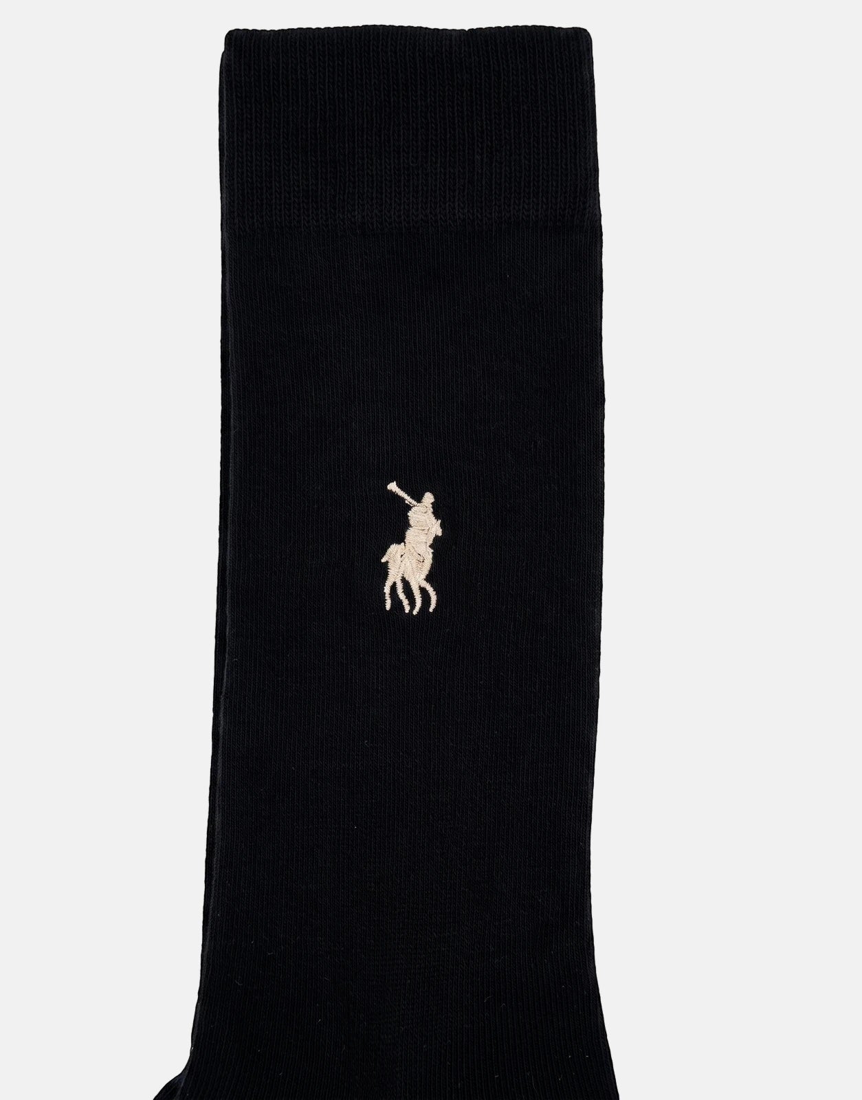 Polo Plain Black Ankle Socks with a beige embroidered pony logo, displayed flat on a light textured surface.