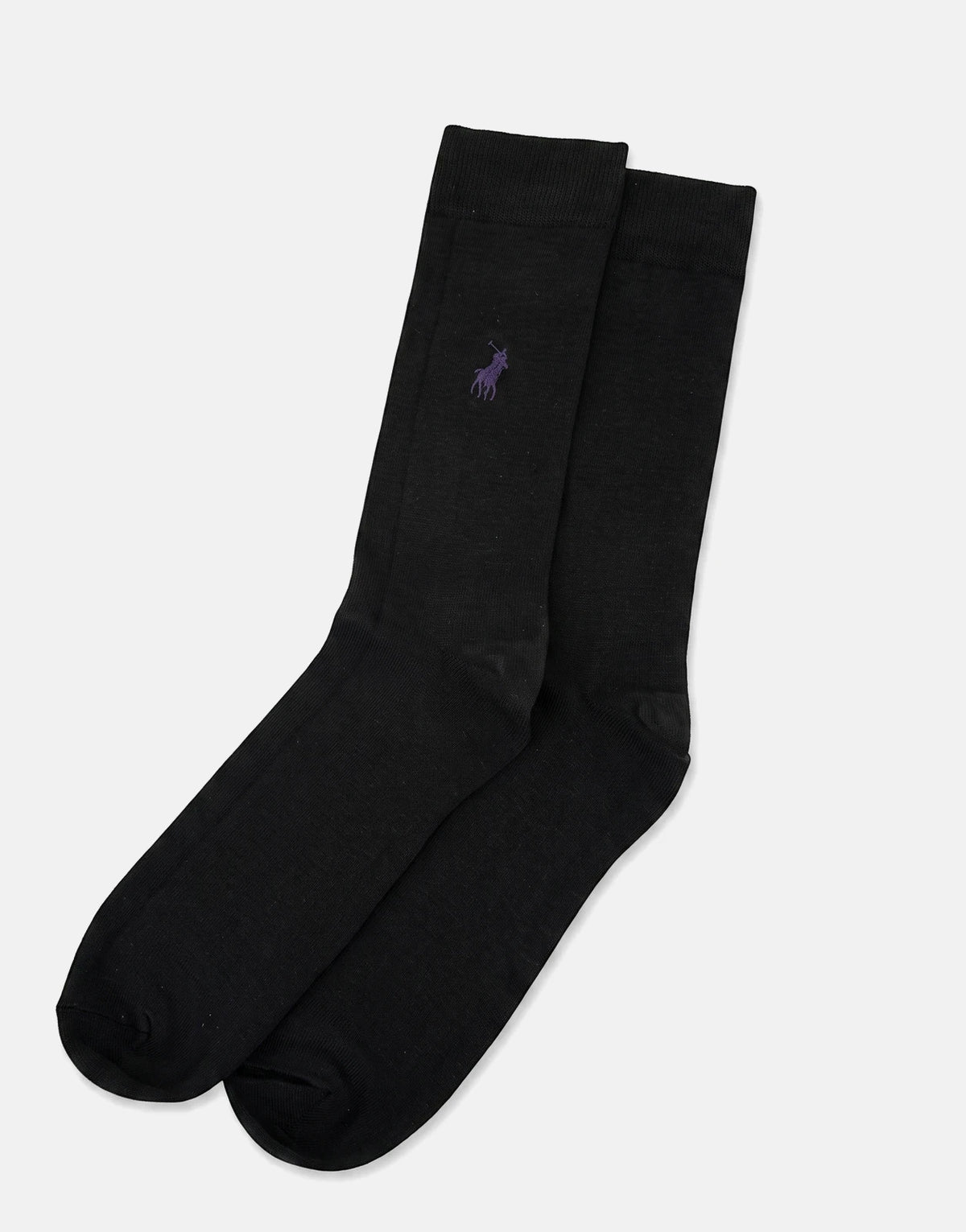 Black Polo Plain Petrol Socks with a small purple logo, arranged diagonally on a light surface, ready for wear.