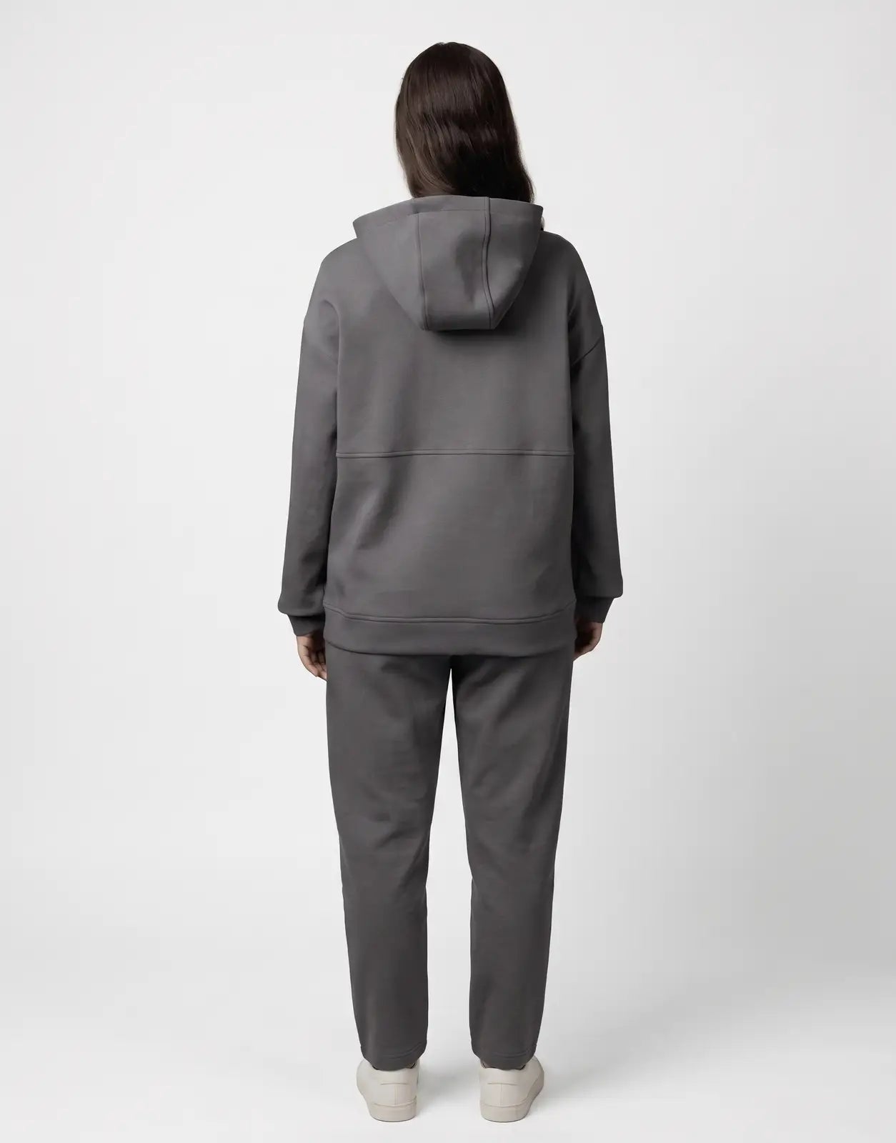 Back view of a Polo Robyn LS Gunmetal Track Top. This long-sleeve hooded top is presented in a deep gunmetal grey with