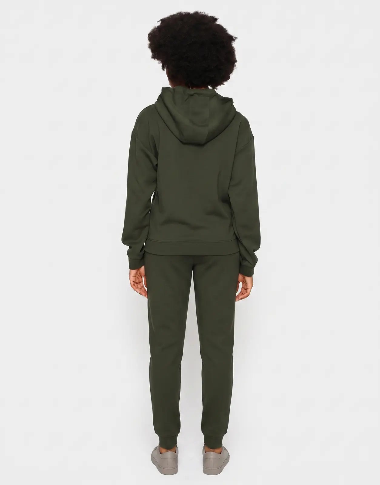 Back view of a women's Polo Robyn LS Olive Track Top, an olive green long-sleeve hoodie made from soft, comfortable fabric.