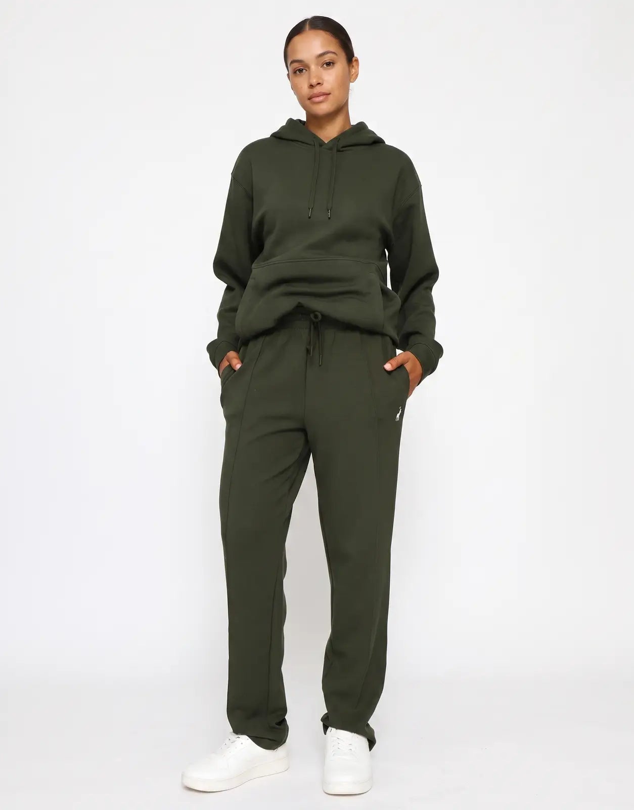Men's Polo Robyn olive green track pants with drawstring waist and white logo on the hip, shown from the front.