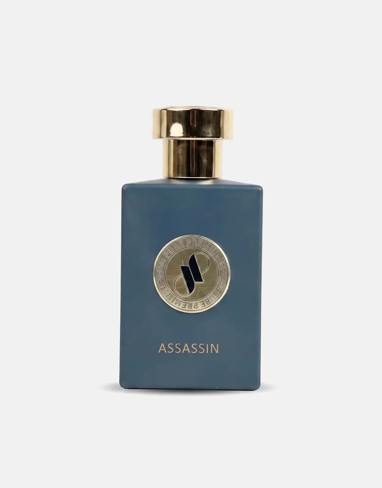 Deep blue-grey Pure Premium Assassin perfume bottle with a gold cap and a circular gold logo featuring 'P' and 'S' letters.