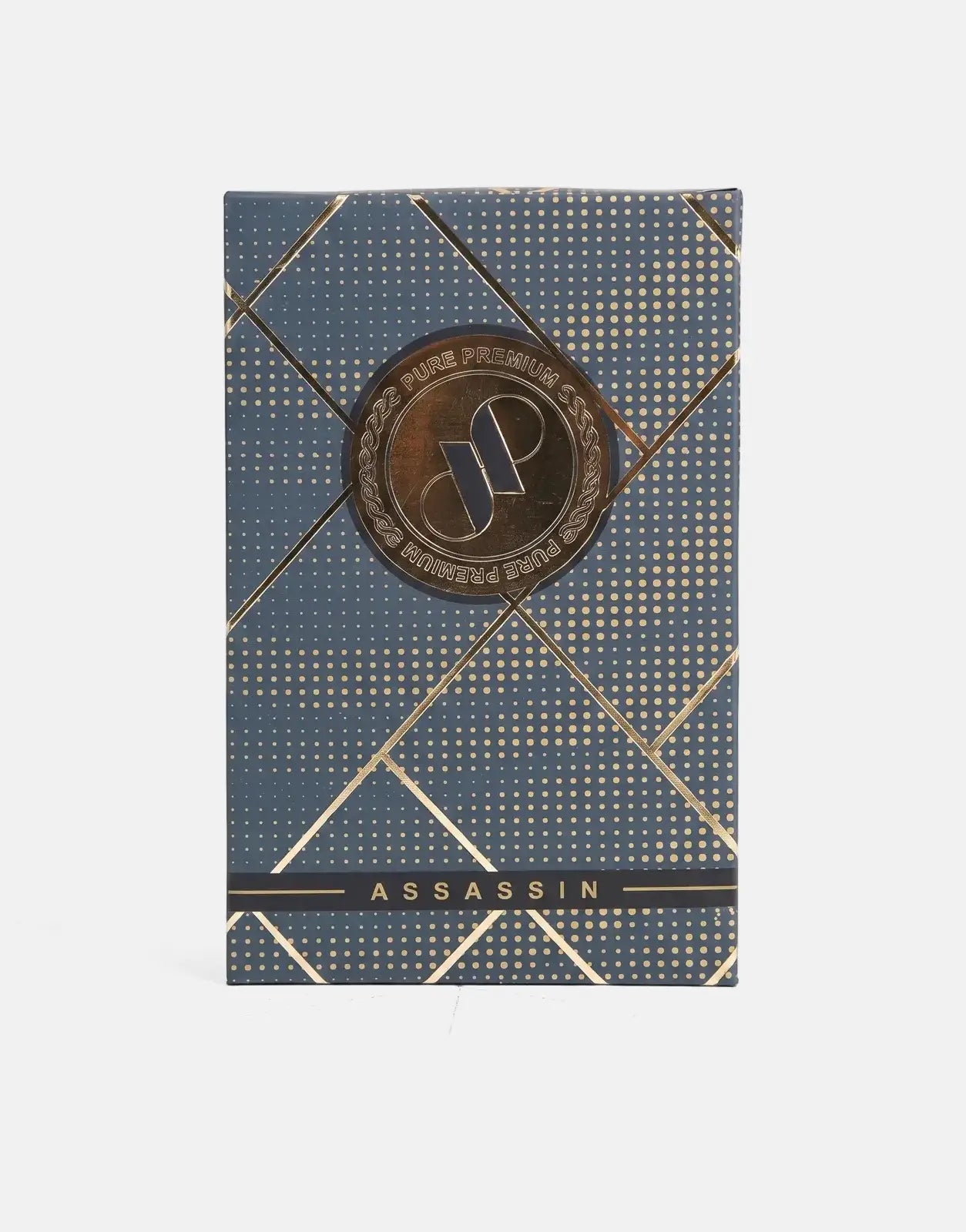 Pure Premium Assassin Perfume box, dark blue with gold geometric patterns and a central JP emblem, shown upright from the