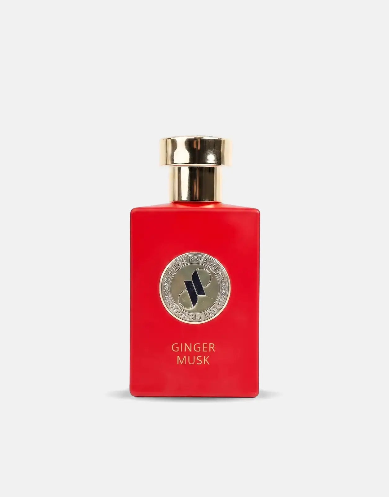 Pure Premium Ginger Musk Perfume in a vibrant red rectangular bottle with a shiny gold cap and a silver logo.