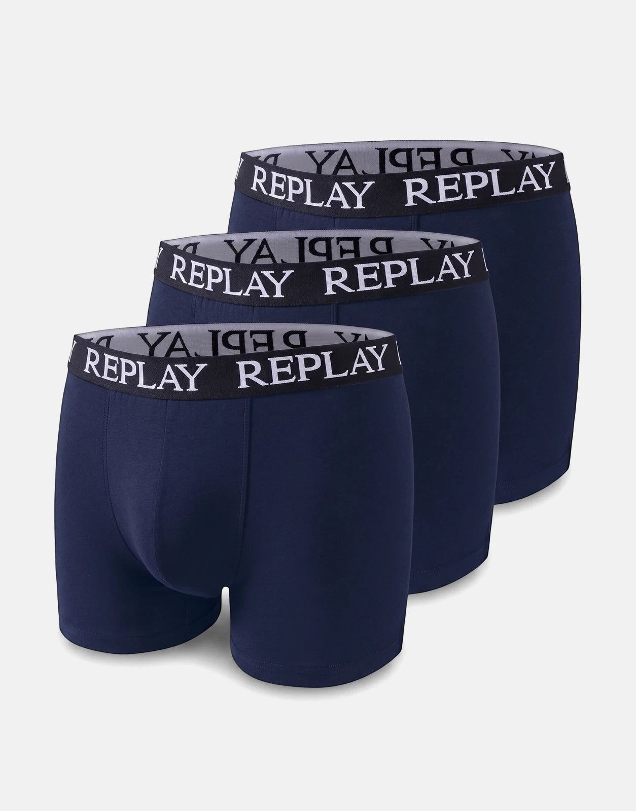 Three Replay navy blue men's boxer briefs, featuring a branded waistband, stacked diagonally on a plain background.