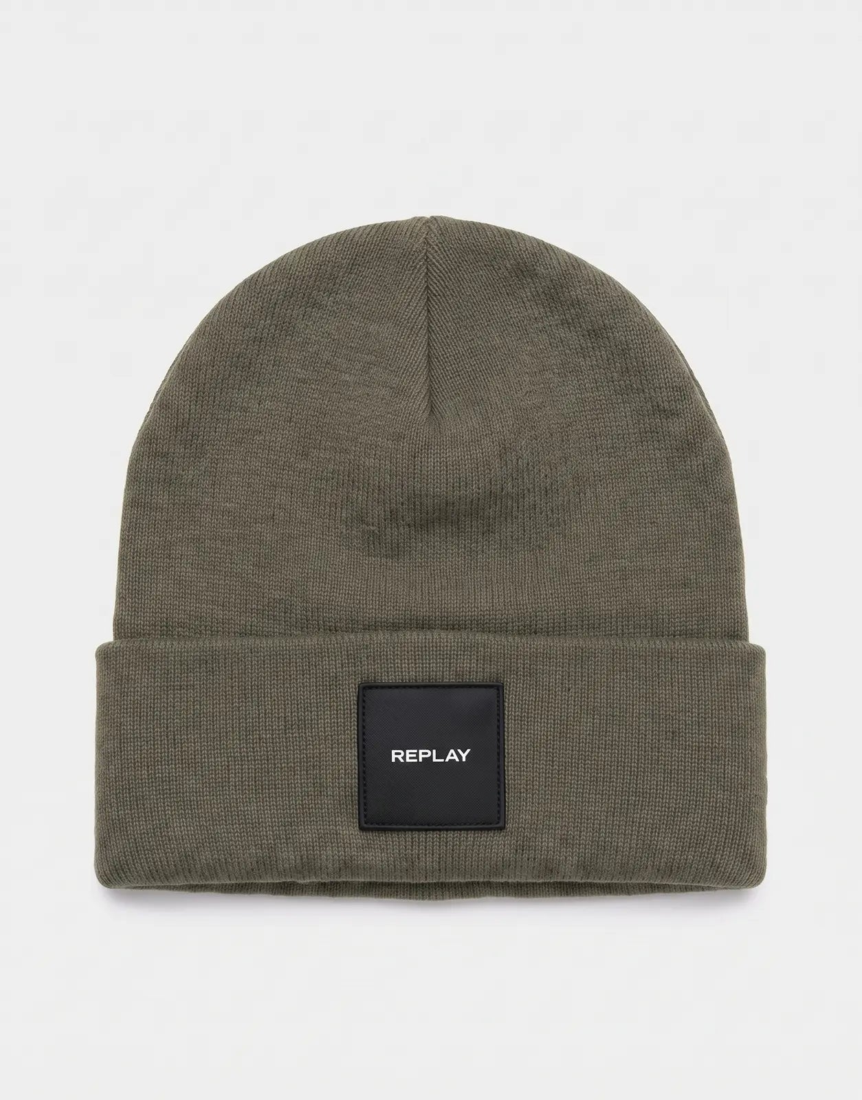 Replay Badge Winter Moss Beanie in olive knit with folded cuff and black logo badge, front view.