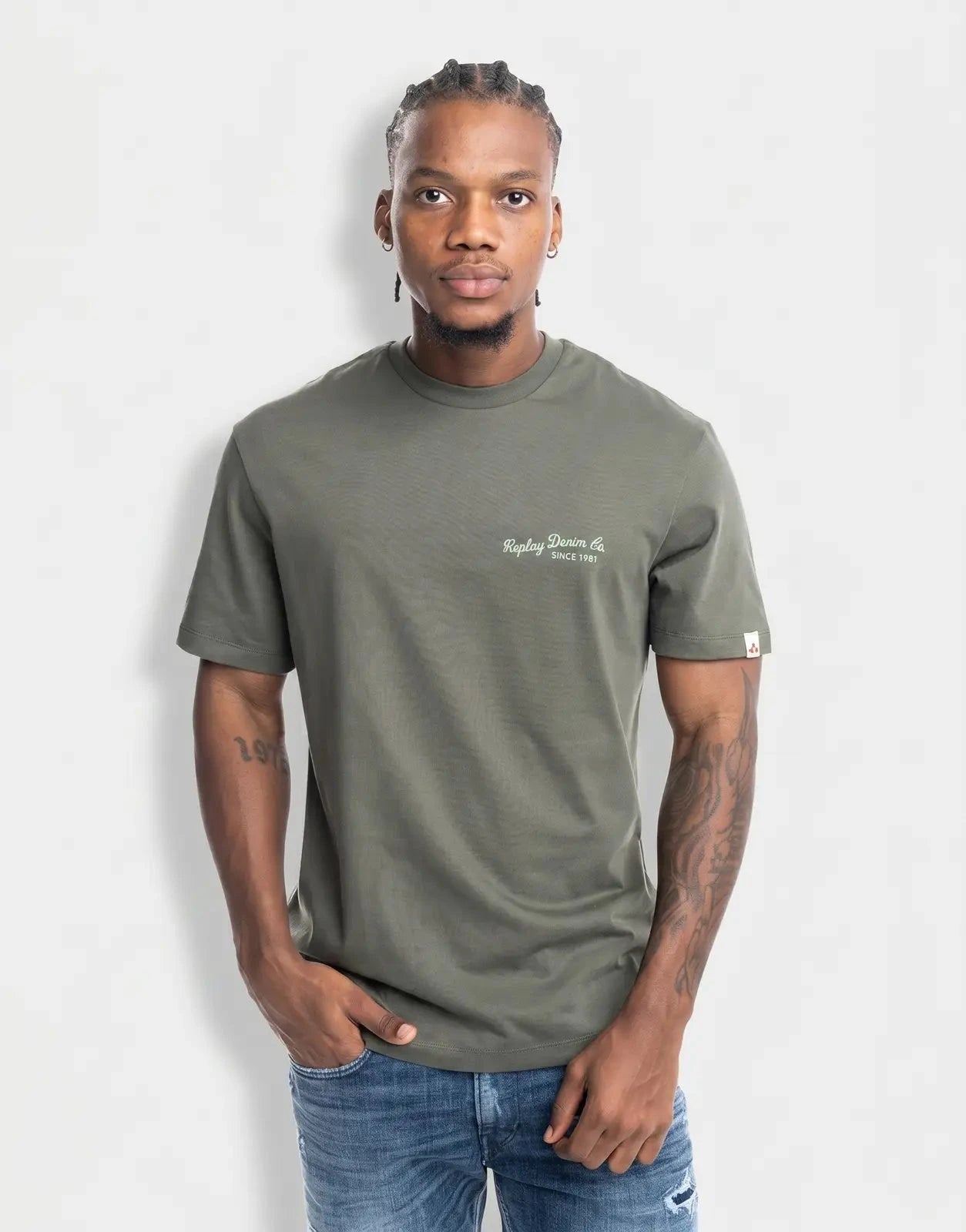 Replay Denim CO Stitch Print Military Green T-Shirt - Subwear