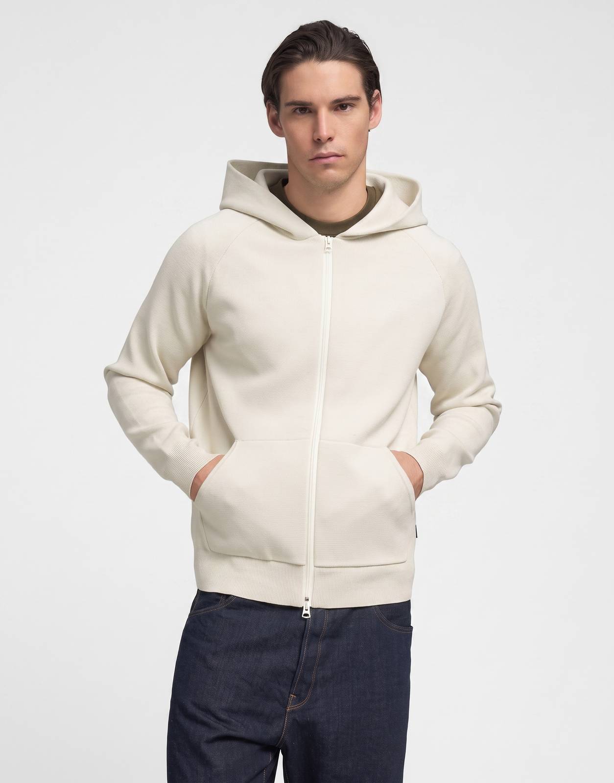 Replay Full-Zip Logo Hooded Cloud Sweatshirt in off-white, featuring a front zipper and a comfortable hood.