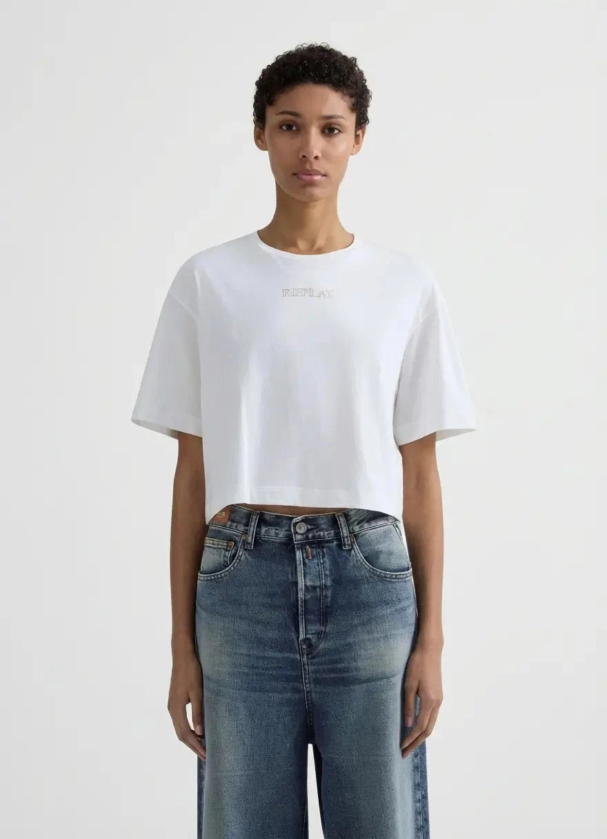 Replay Gold Trim Centre Logo Off White T-Shirt - Subwear