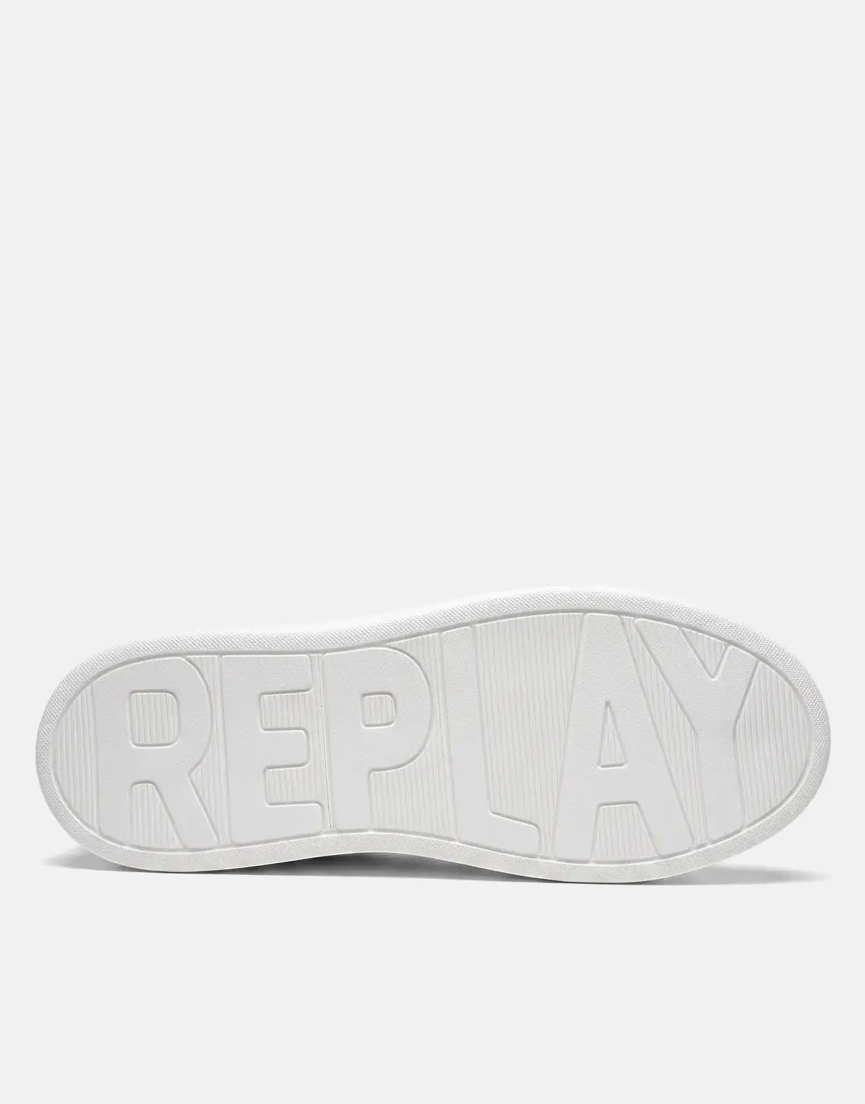 Bottom view of a white Replay Notting Agency sneaker sole featuring the embossed 'REPLAY' logo.