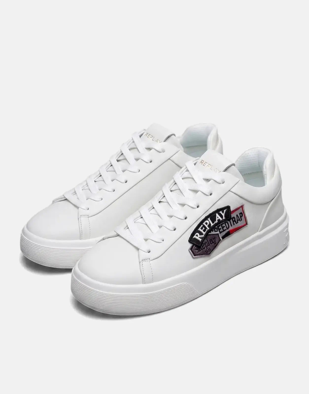 Pair of white Replay Notting Badges sneakers with distinctive embroidered 'REPLAY SPEEDTRAP' logo on the side, white laces,