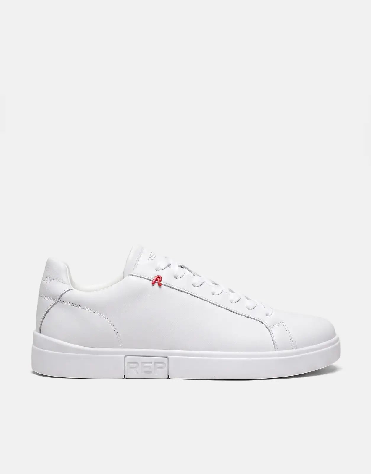 Replay Poly R SA white leather sneakers shown from the side with a small red R logo on the laces.