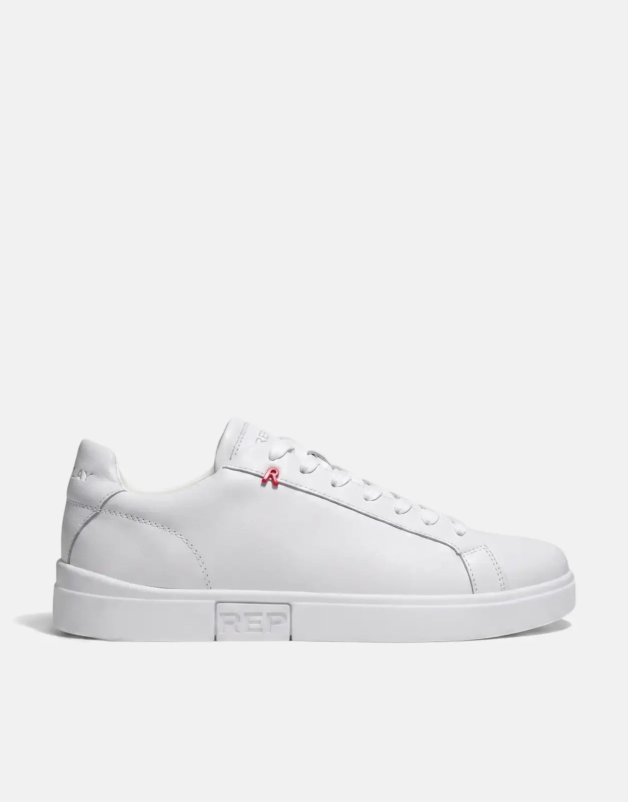 Replay Poly R SA white leather low-top sneakers with a red 'R' logo, displayed in a clean side profile.