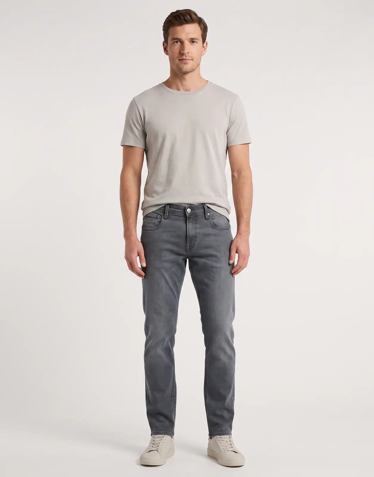 Replay Powerstretch Grey Jeans. A pair of men's slim-fit grey denim jeans, presented laid flat on a white surface.