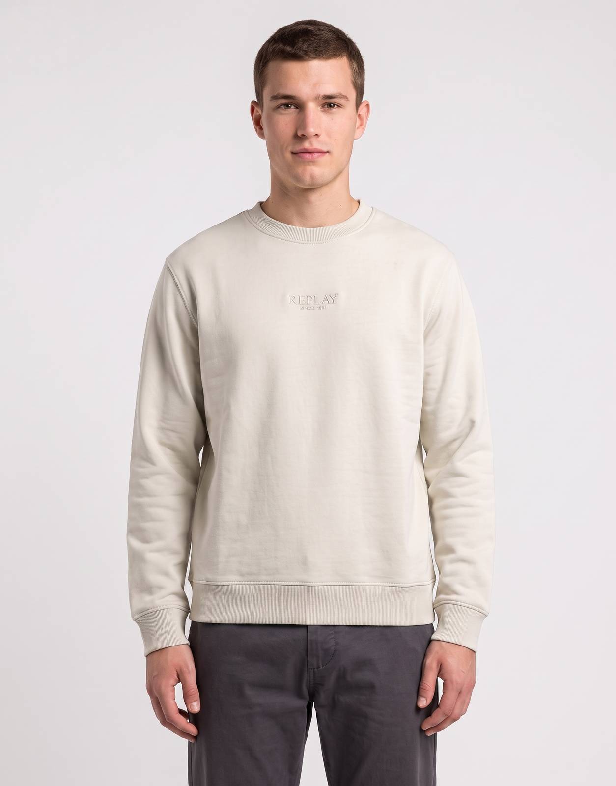 Men's light beige Replay Since 1981 Cloud Sweatshirt with a round neck and long sleeves, front view.