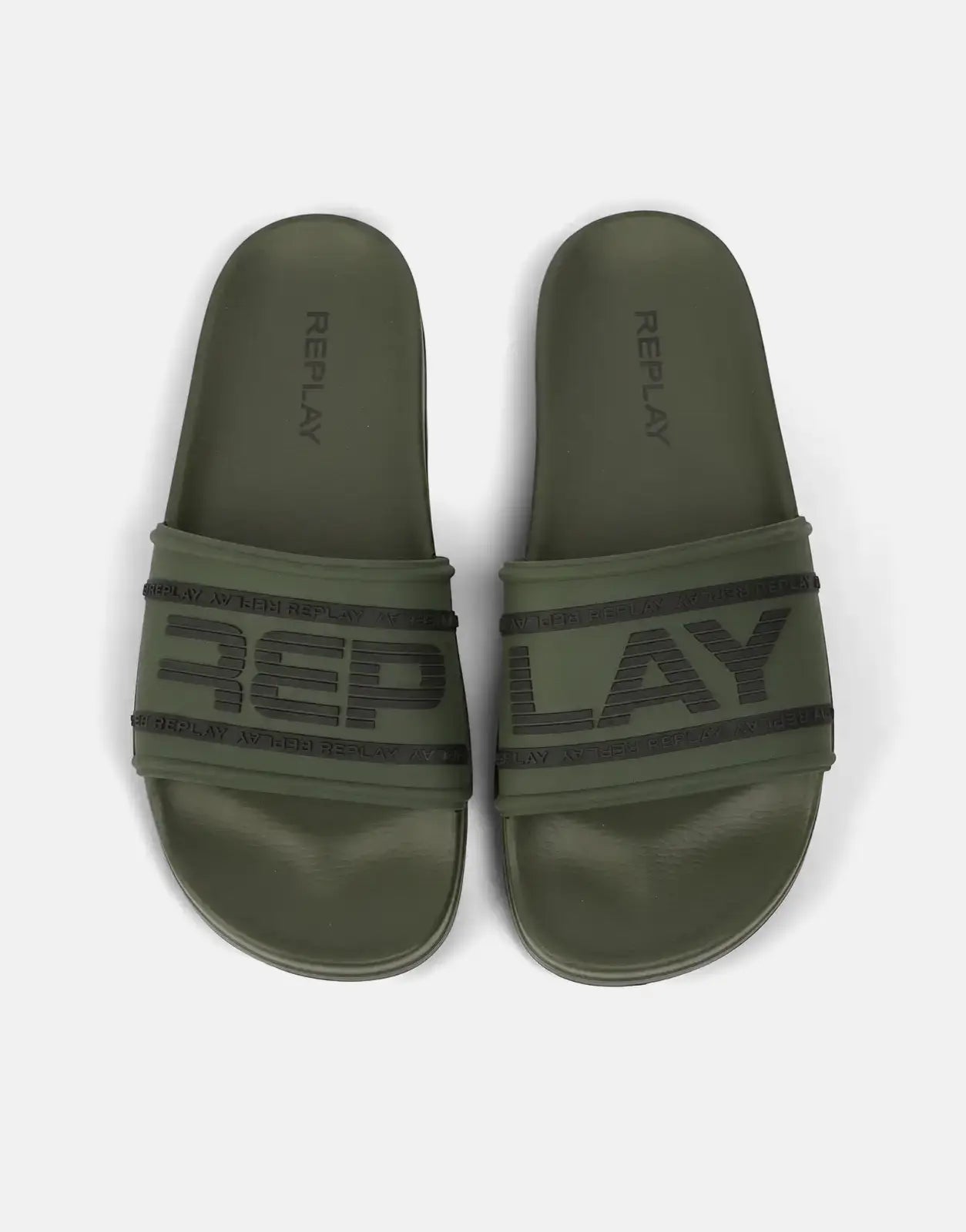 A pair of olive green and black Replay Up Graven Mil slides are shown from a top-down view, featuring prominent brand logos