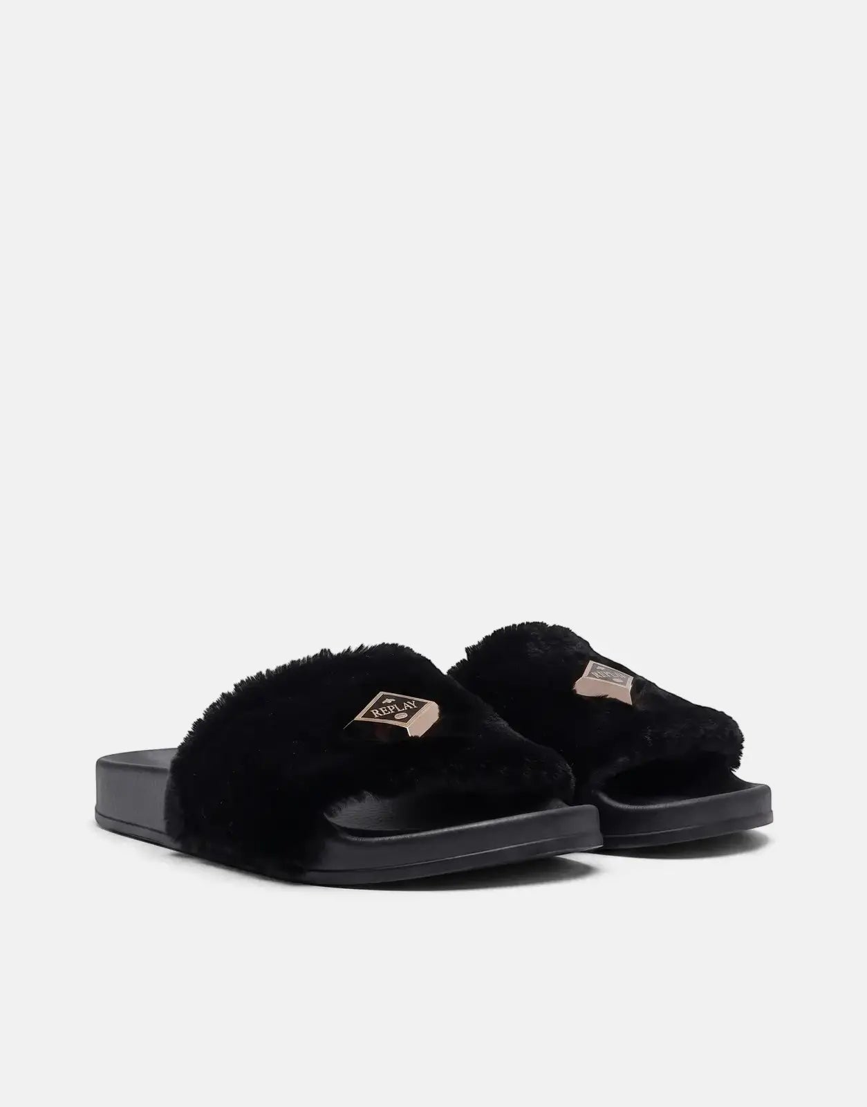 Replay Up W Along black slides with plush faux-fur straps and a durable rubber sole for comfort