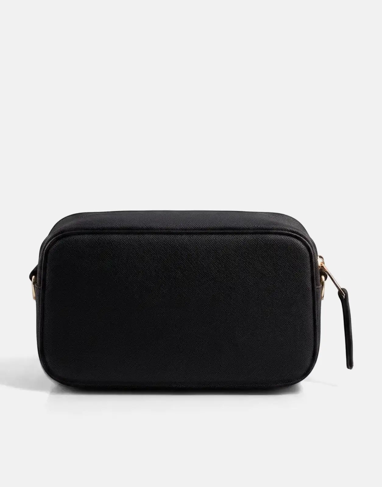 Sissy Boy Basic Black Camera Bag, front view, featuring a rectangular shape, textured material, and gold hardware.