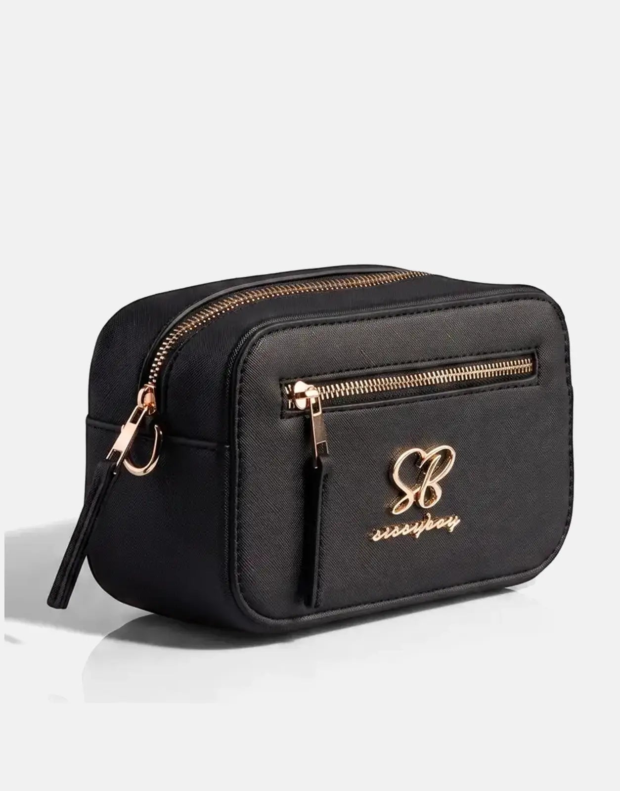 Black Sissy Boy camera bag in textured faux leather with gold-tone hardware and front zip pocket, shown from a three-quarter
