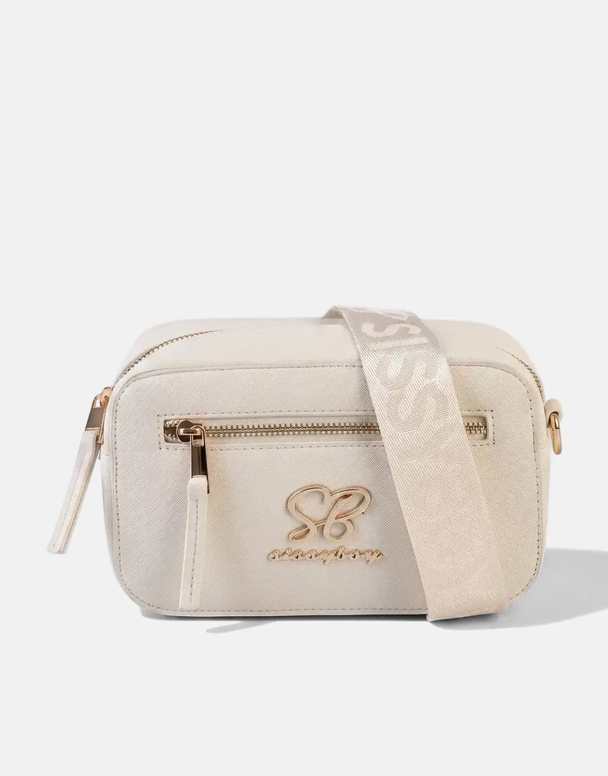 Sissy Boy Basic Cream Camera Bag made of textured faux leather with gold hardware and a branded adjustable shoulder strap.