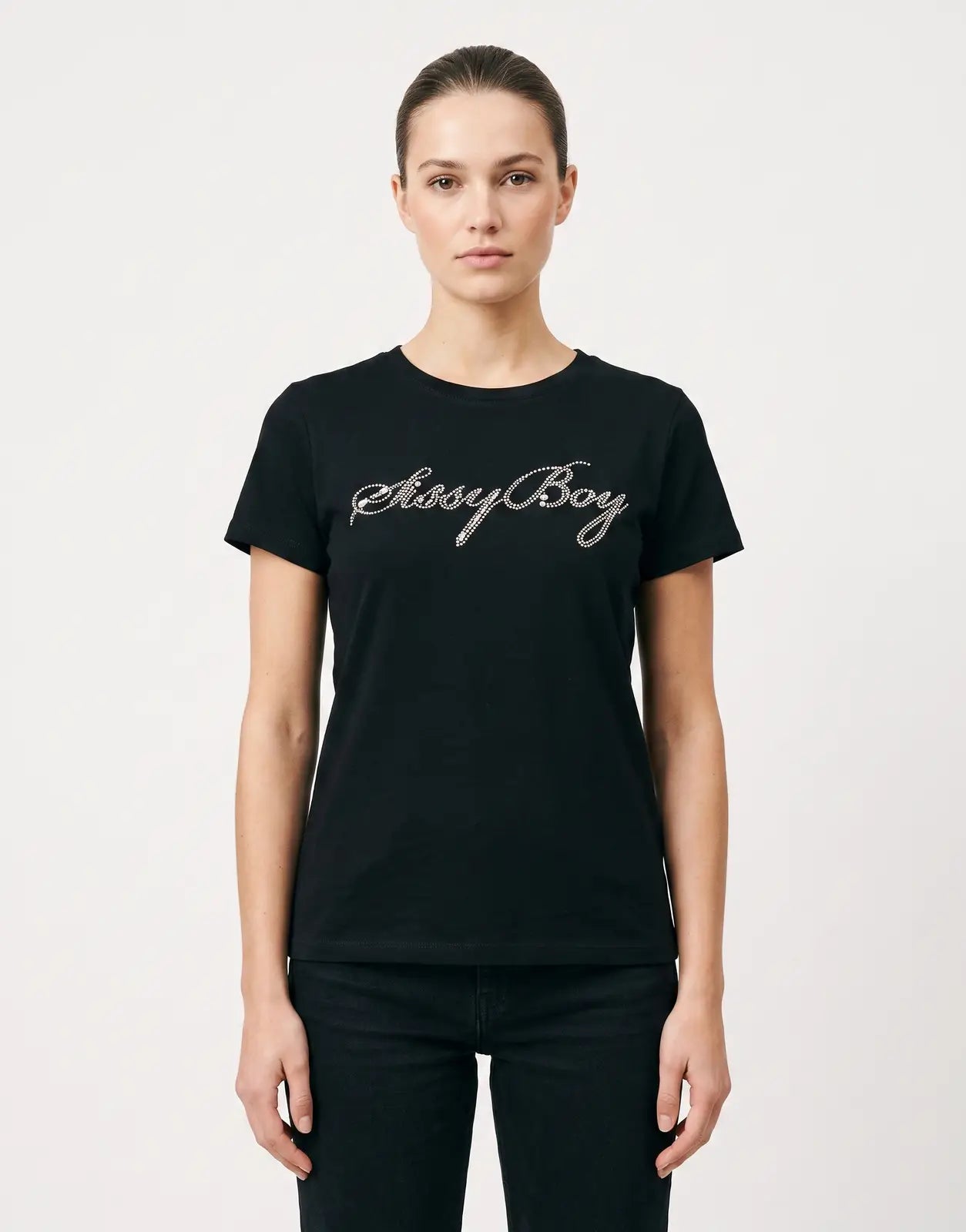 Sissy Boy Drama Deluxe black short sleeve t-shirt featuring a prominent 'Sissy Boy' rhinestone logo on the front.
