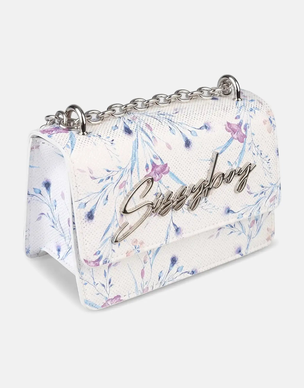 Close-up of a white Sissy Boy Fency Florals Blue Multi Crossbody Bag with blue and purple floral print and a silver chain