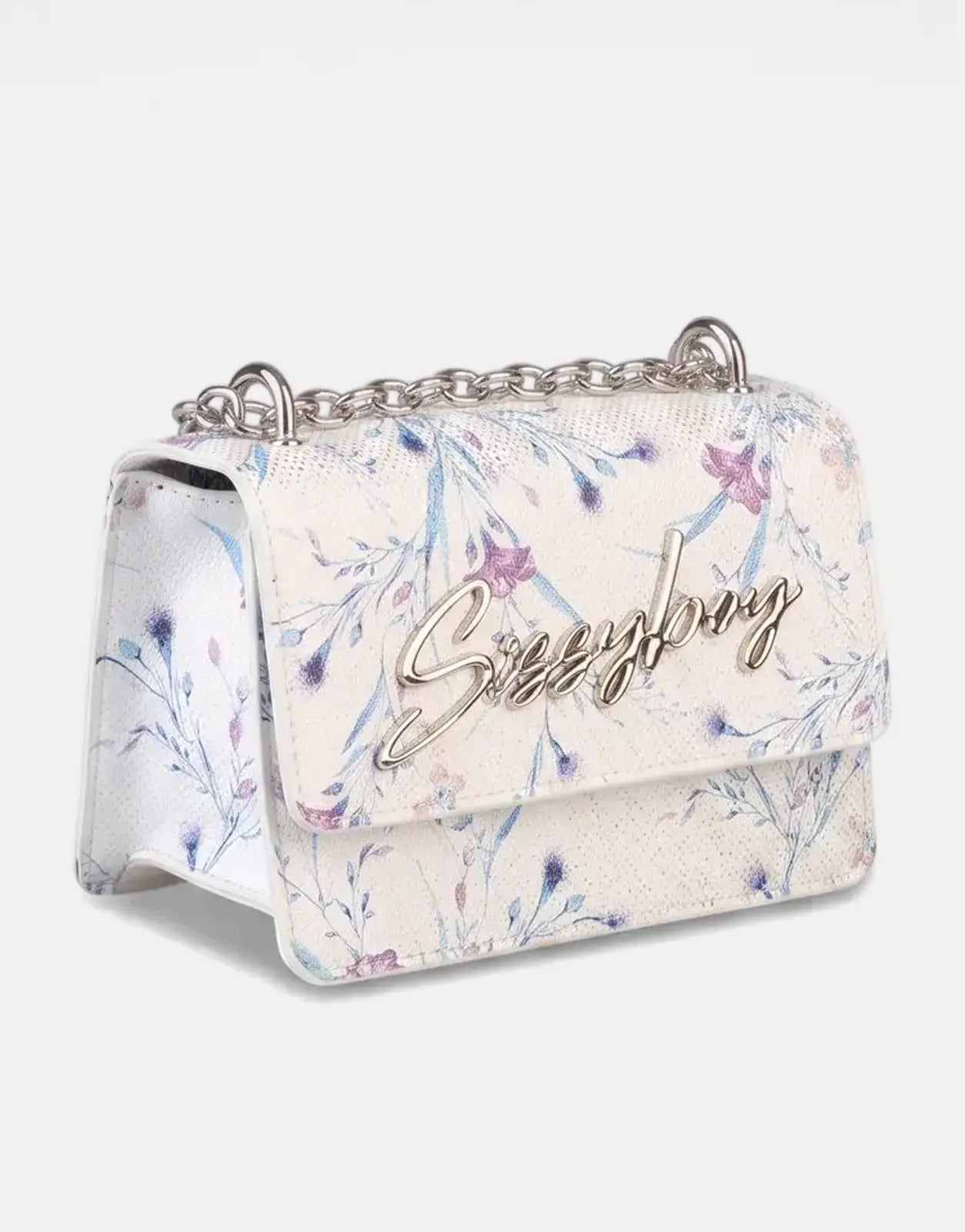 Sissy Boy Fency Florals Blue Multi Crossbody Bag, featuring a white background with blue and purple floral patterns and a