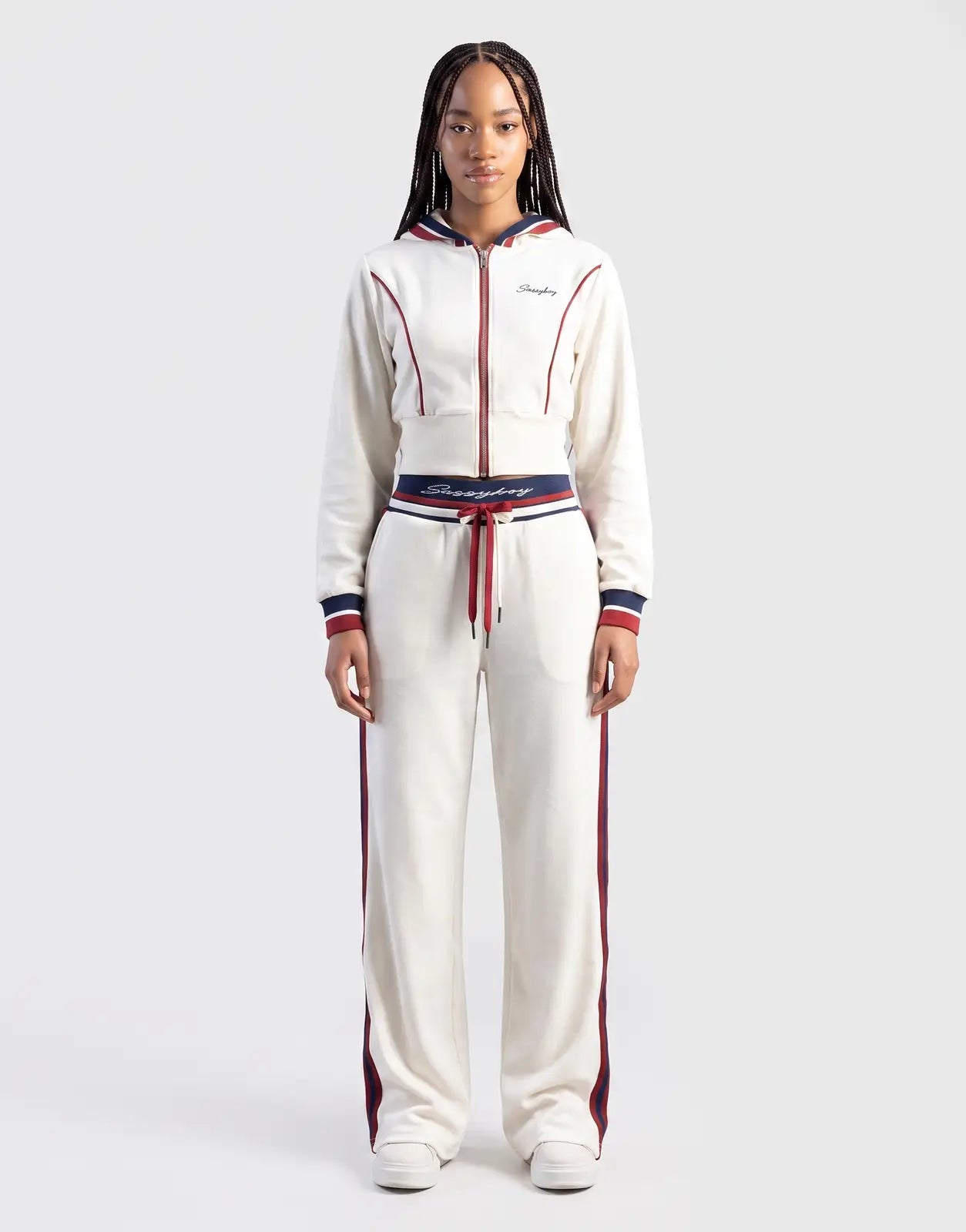 Sissy Boy Off Your Game Sweatshirt in off-white, a women's full tracksuit featuring red and navy stripe details and