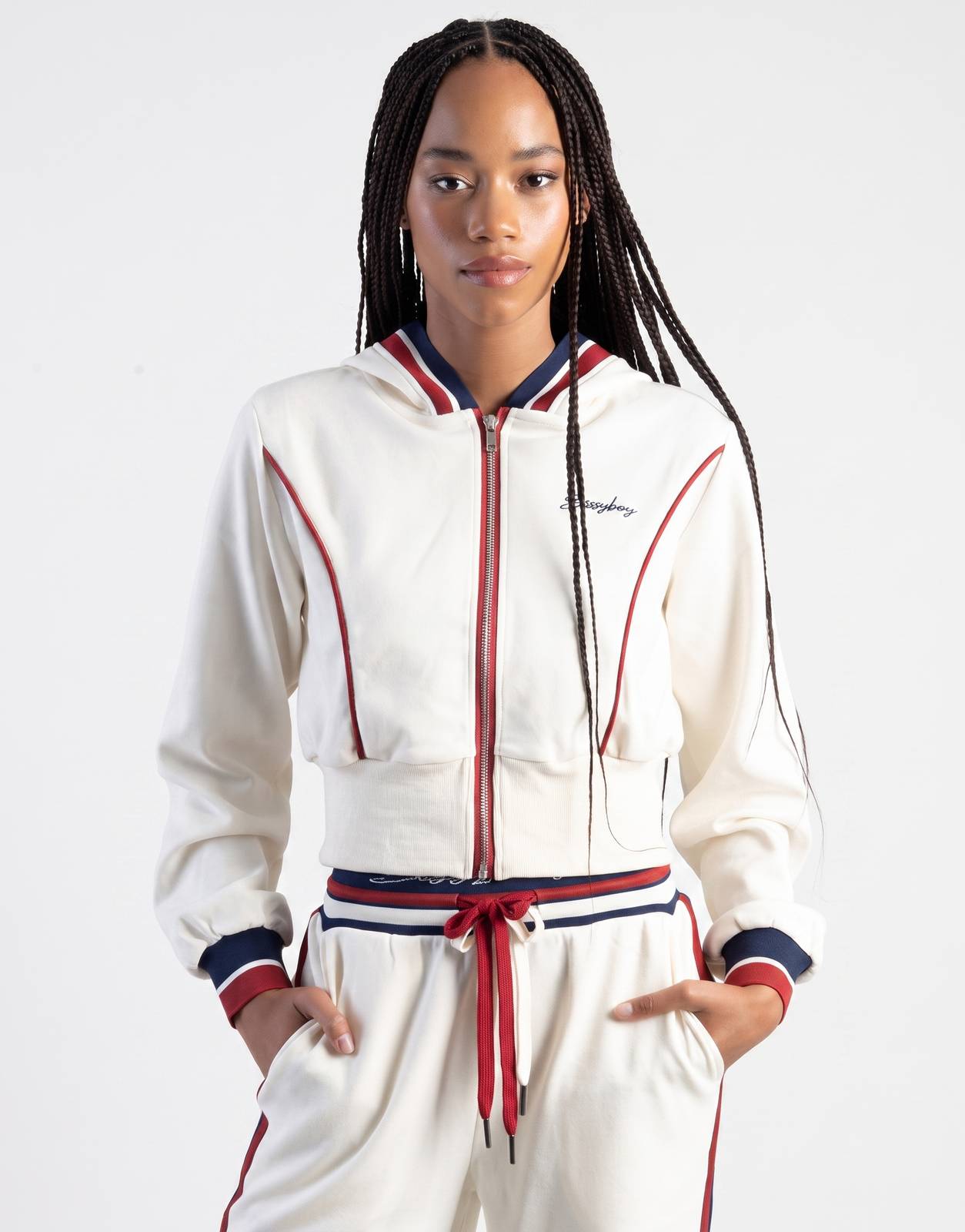 Sissy Boy Off Your Game Sweatshirt, a white cropped full-zip hoodie with striking red and navy blue stripe detailing, worn