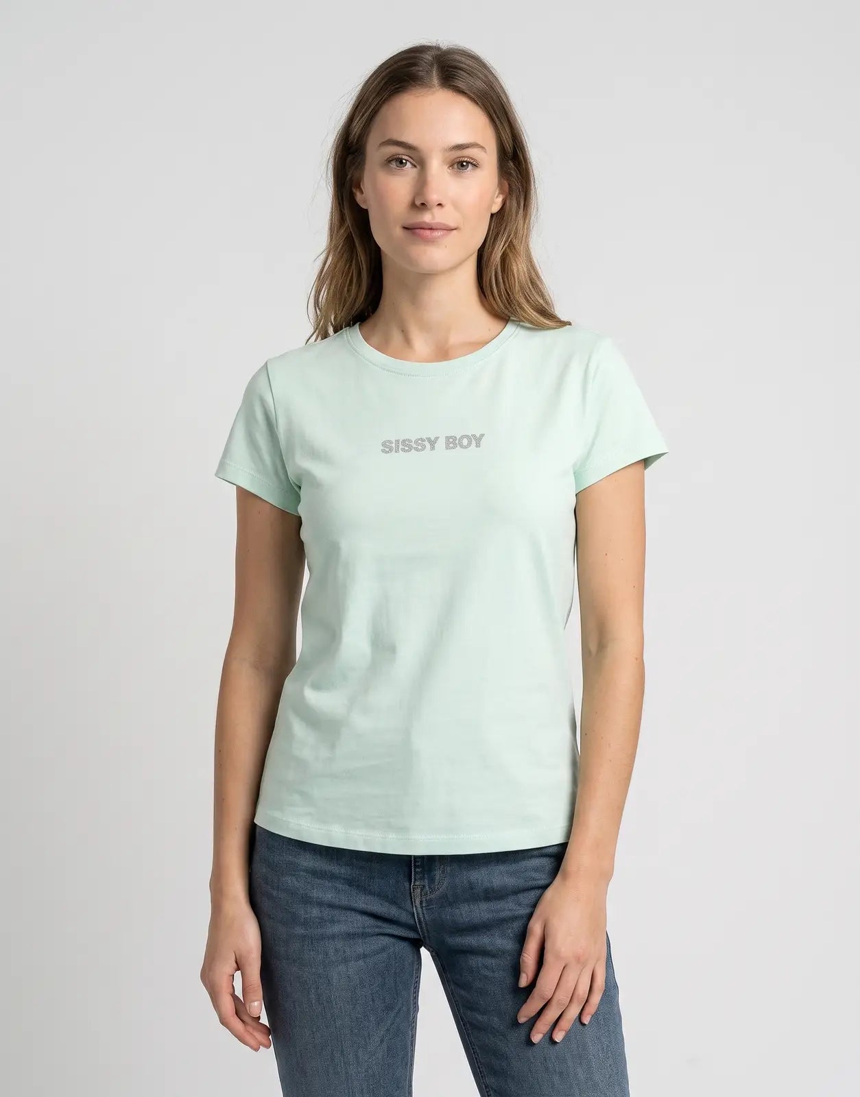 Sissy Boy Sweetest Obsession mint green short-sleeve t-shirt with a crew neck and 'SISSY BOY' logo on the front.