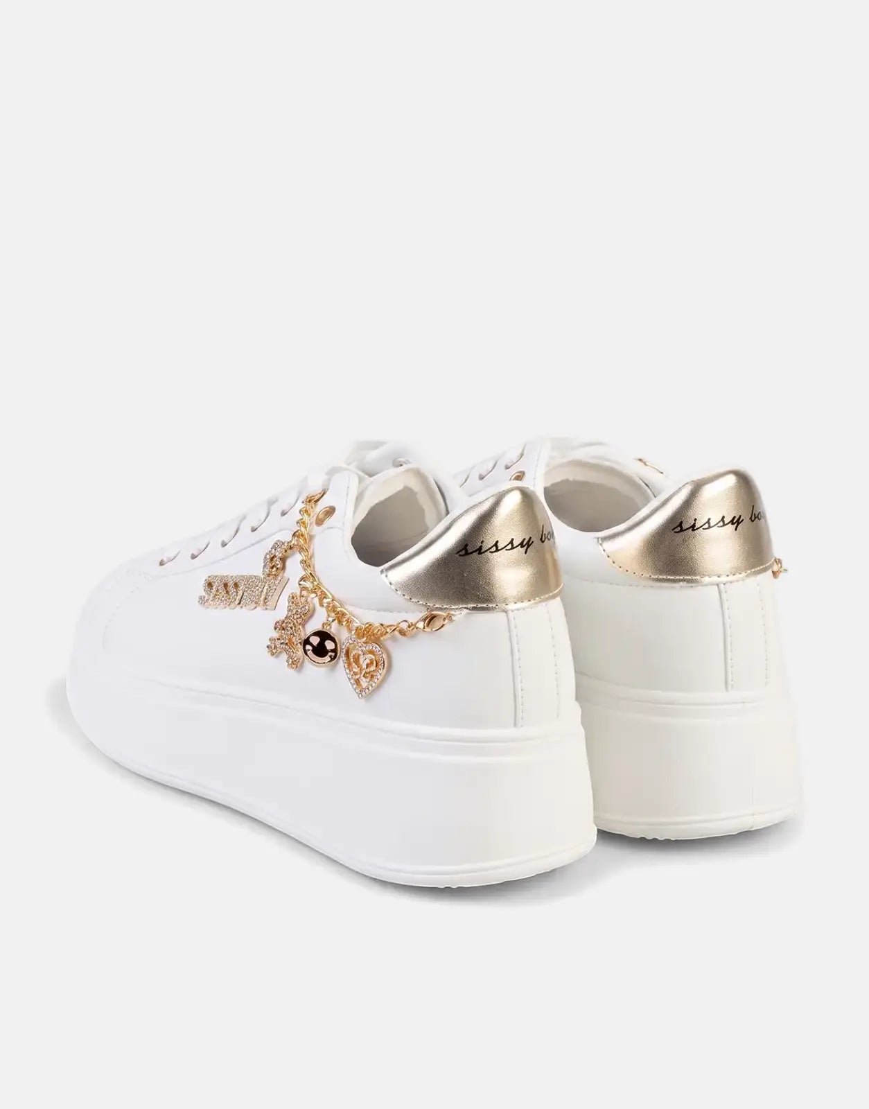 Sissy Boy Tatum white and gold platform sneakers with decorative gold chain charms and metallic gold heel tabs,