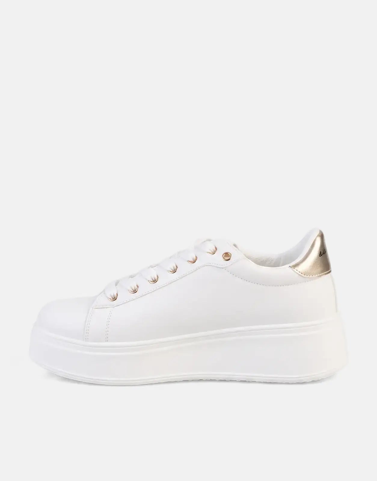 Sissy Boy Tatum low-top sneakers in white with gold eyelets and a metallic gold heel tab, featuring a thick platform sole,