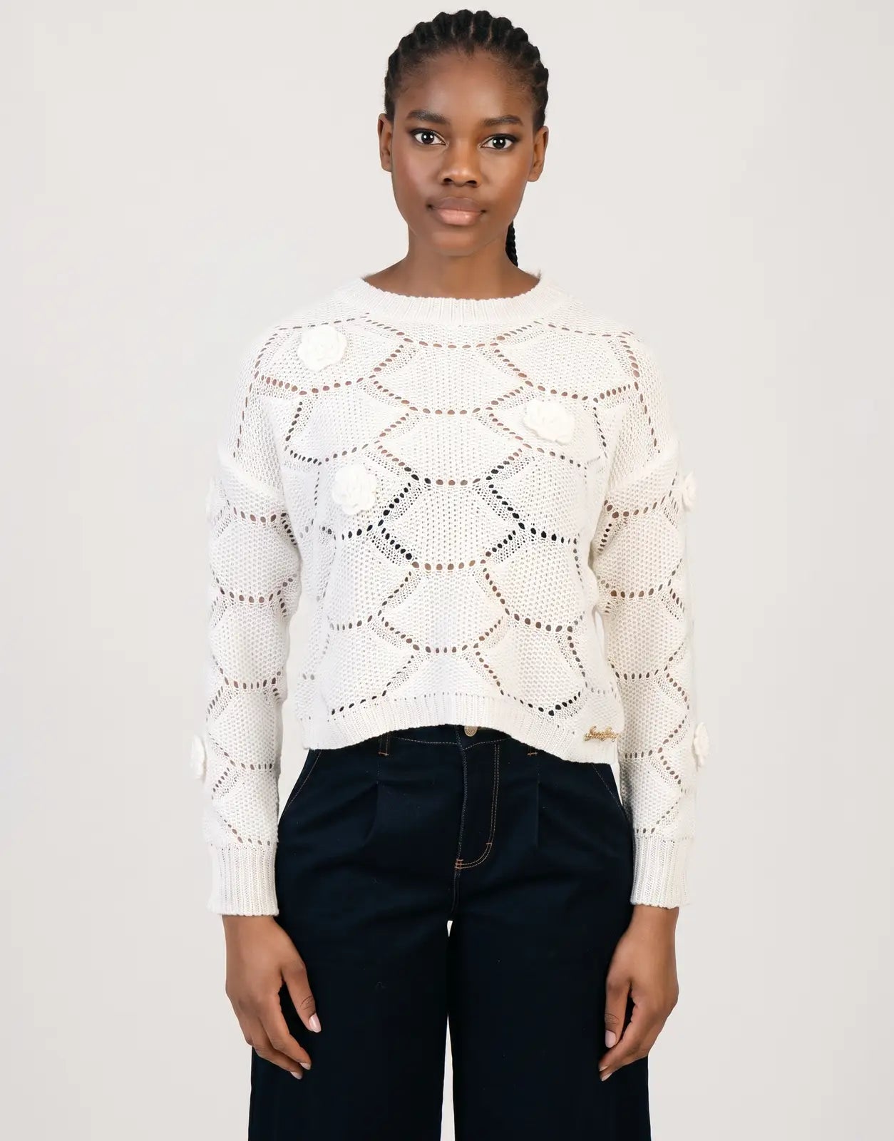 Off-white Sissy Boy Wallflower knit jersey sweater featuring delicate openwork and textured 3D floral embellishments.