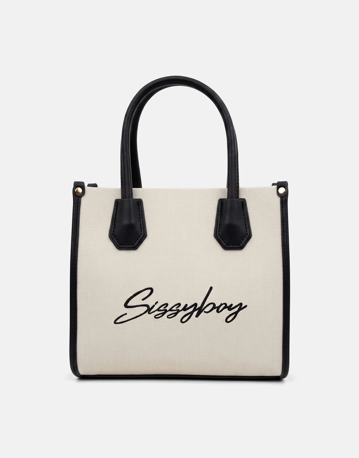 Sissy Boy Willow black mini tote bag, featuring an off-white canvas body, black faux leather handles, and embroidered
