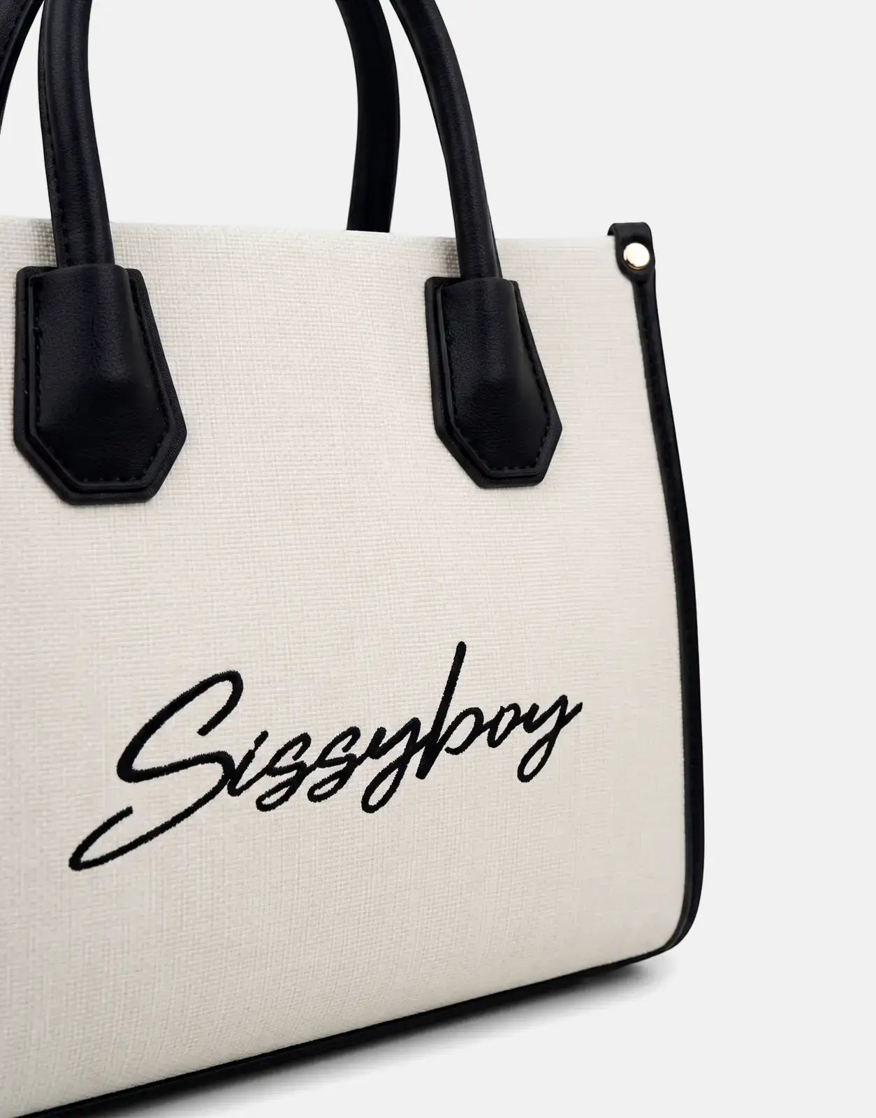Sissy Boy Willow Black Mini Tote Bag in off-white canvas with black handles and trim, featuring an embroidered Sissyboy logo.