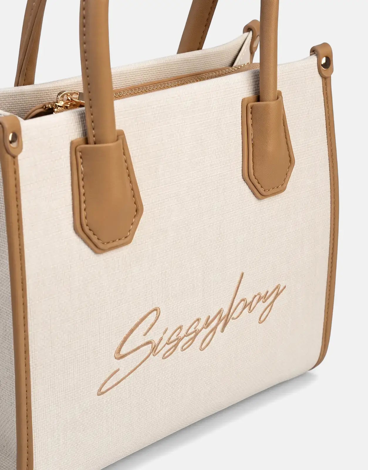 Close-up of a Sissy Boy Willow Stone Mini Tote Bag in light beige canvas with tan leather-look trim and an embroidered logo.