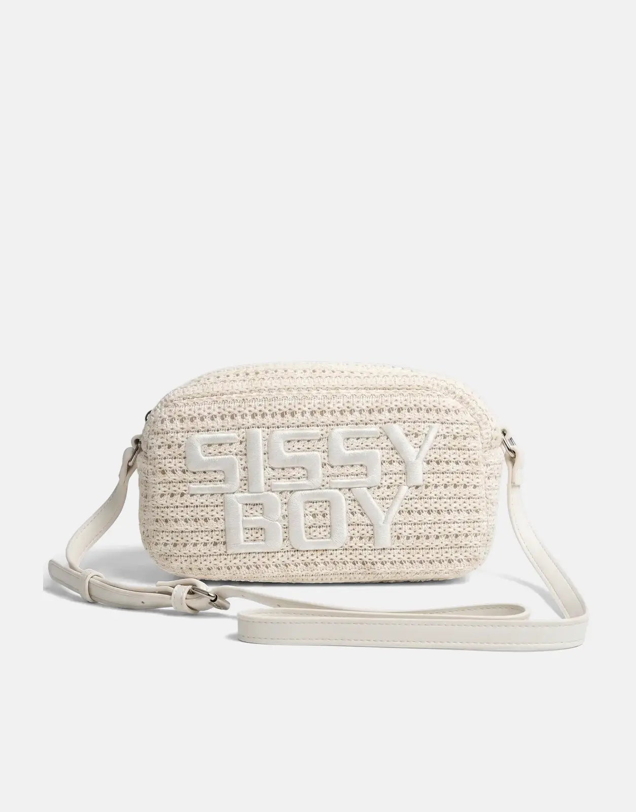 Sissy Boy Wren Off White Bag, a woven crochet crossbody bag with 'SISSY BOY' branding and a long adjustable strap.