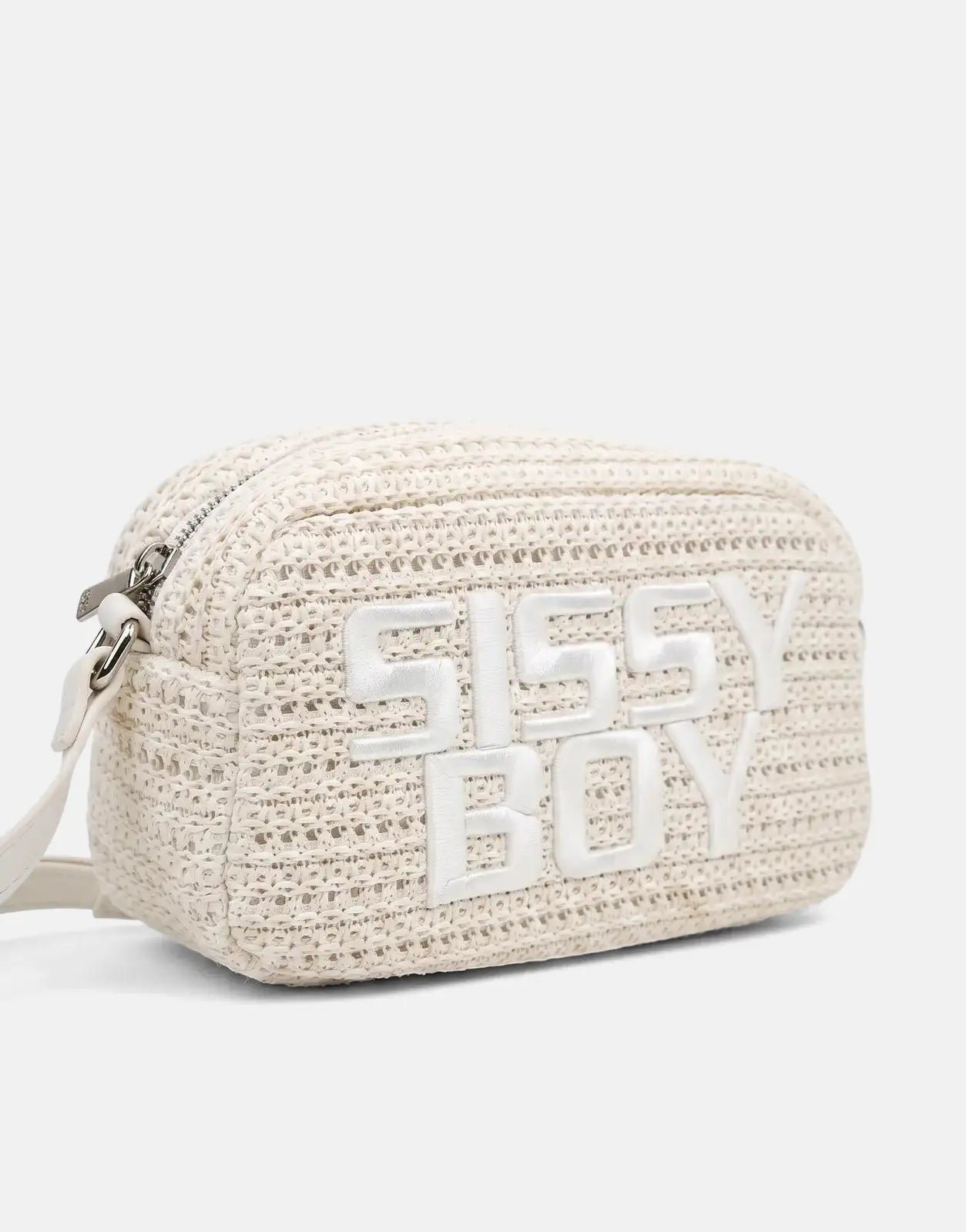 Off-white Sissy Boy Wren crossbody bag with a woven texture and 'SISSY BOY' embroidered logo on a clean background.