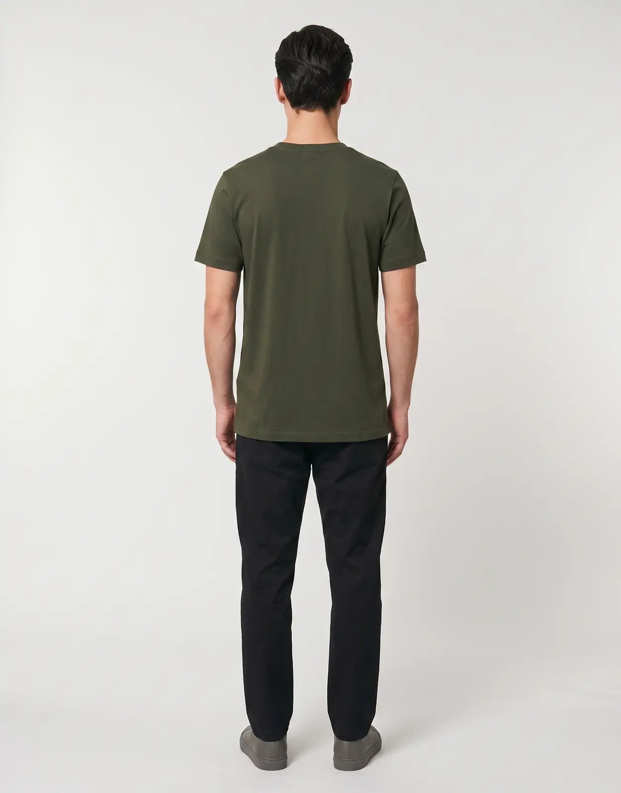 Back view of a men's SPCC Elias T-shirt in fatigue green, made from a soft, comfortable fabric.