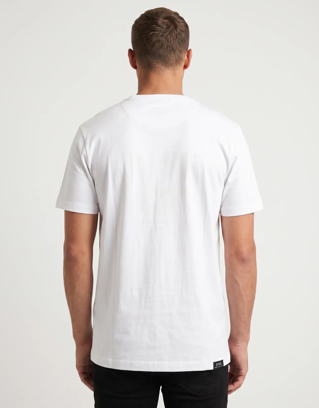 SPCC Elias T-Shirt in white for men, shown from the back, featuring short sleeves and a rounded neckline.